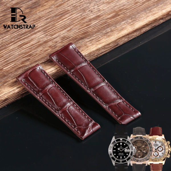 Buy best quality American Alligator crocodile Red Brown replacement Rolex leather watch strap and watch band for Rolex Cosmograph Daytona watches and all the Rolex watches need a 20mm lug size - shop high-end belly-scale straps and watch bands online at a low price