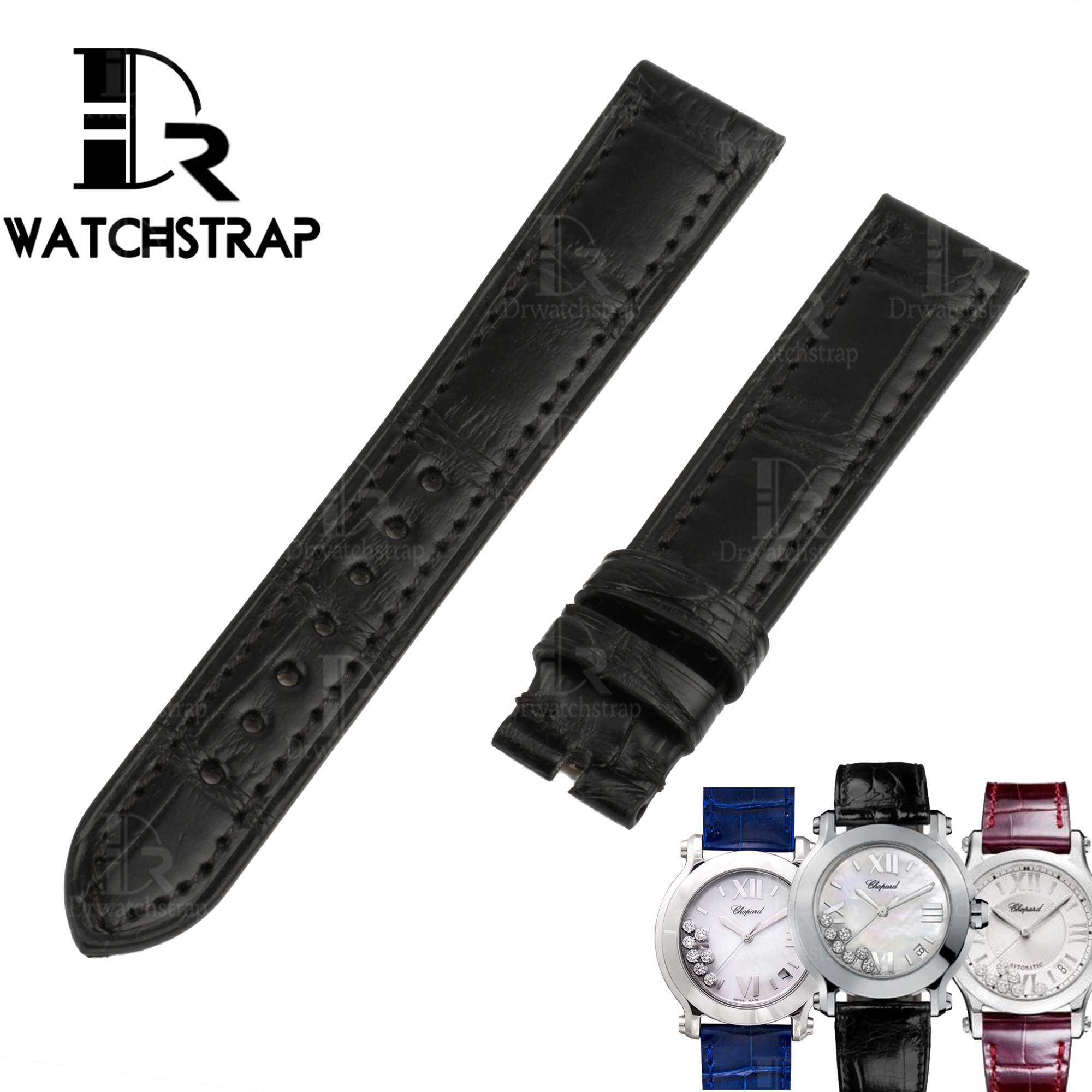 replacement black alligator leather strap band 18mm for Chopard watch happy sport diamond 30mm