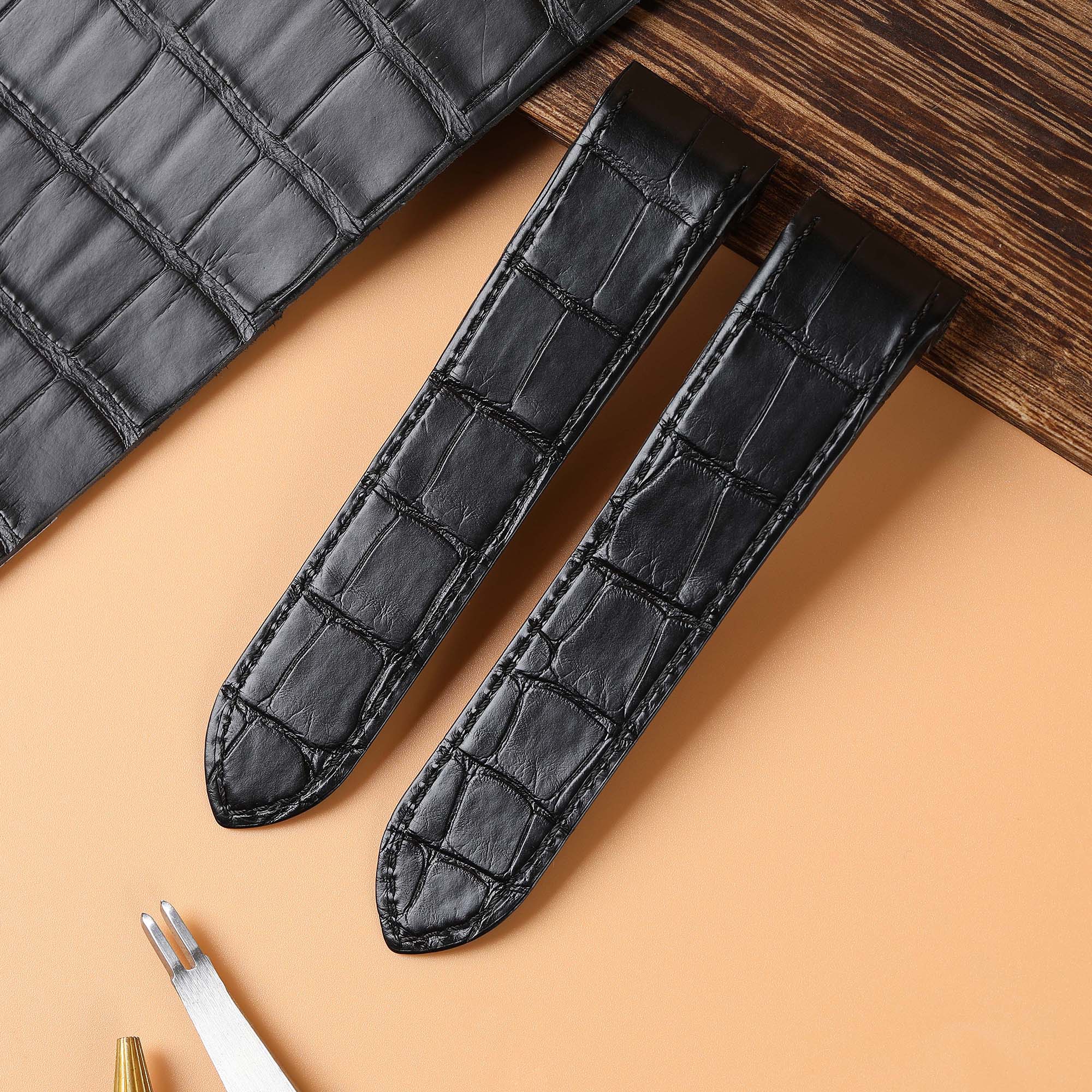 Custom black alligator leather watch bands for Cartier Santos 100 strap