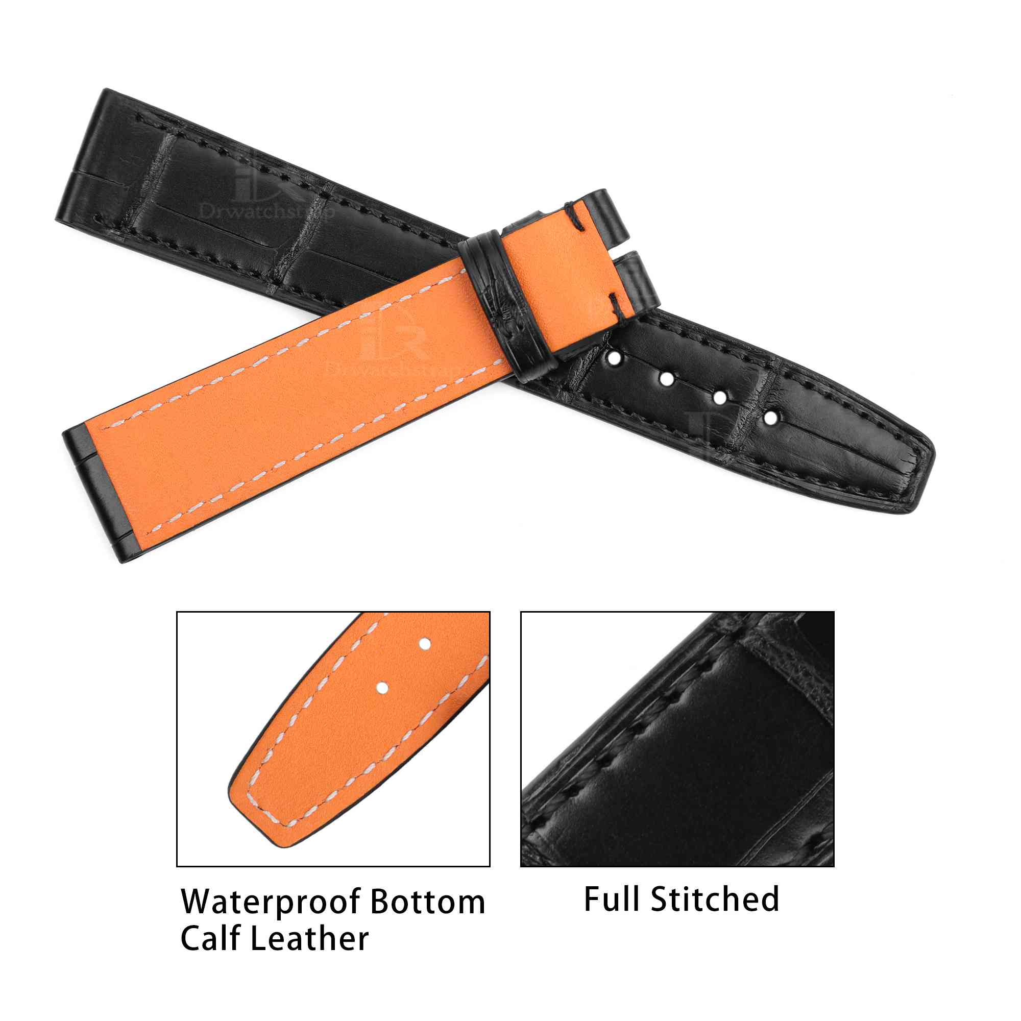 Custom best quality alligator replacement Black leather straps IWC Portofino Santoni strap and watch band online for sale fit for IWC Portofino, Pilot's, Portuguese luxury watches