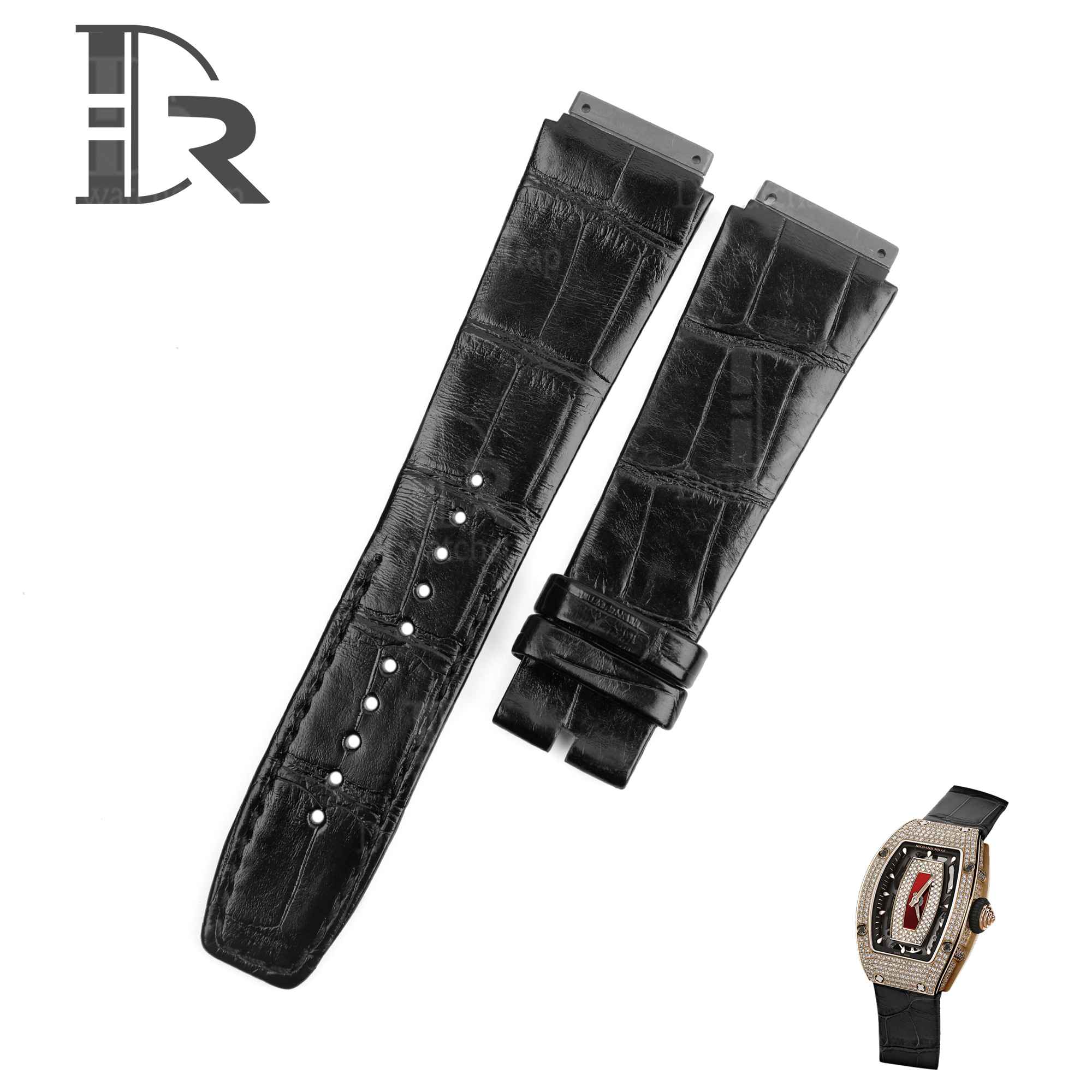 Best quality genuine custom black Richard Mille RM leather strap replacement and watch band for RM 005 007 010 011 016 030 035 055 067 67-02 and more for sale - Shop OEM aftermarket watch bands at a discount price