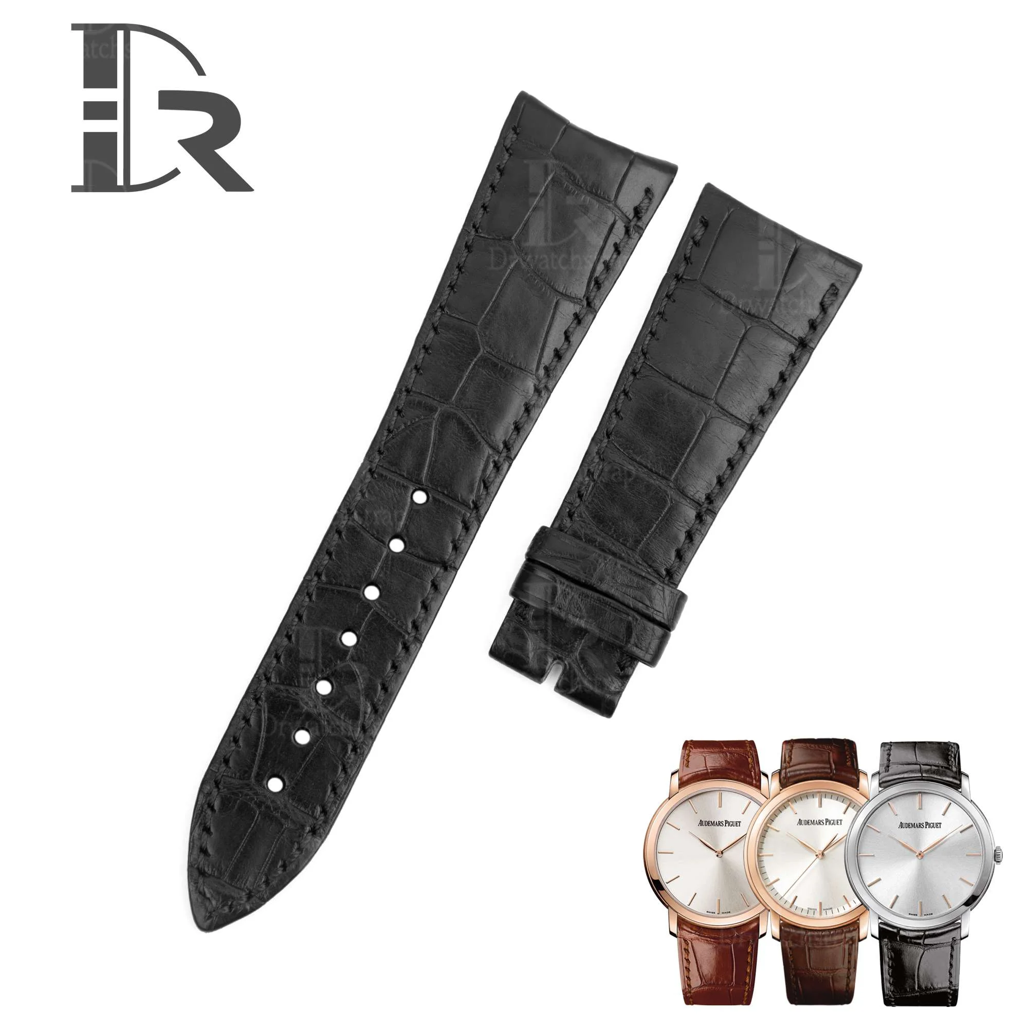 Custom alligator crocodile curved end links Audemars Piguet leather strap replacement Black Blue Brown White Orange Rose Gold bands with multi colors and sizes online for sale 20mm 22mm 24mm