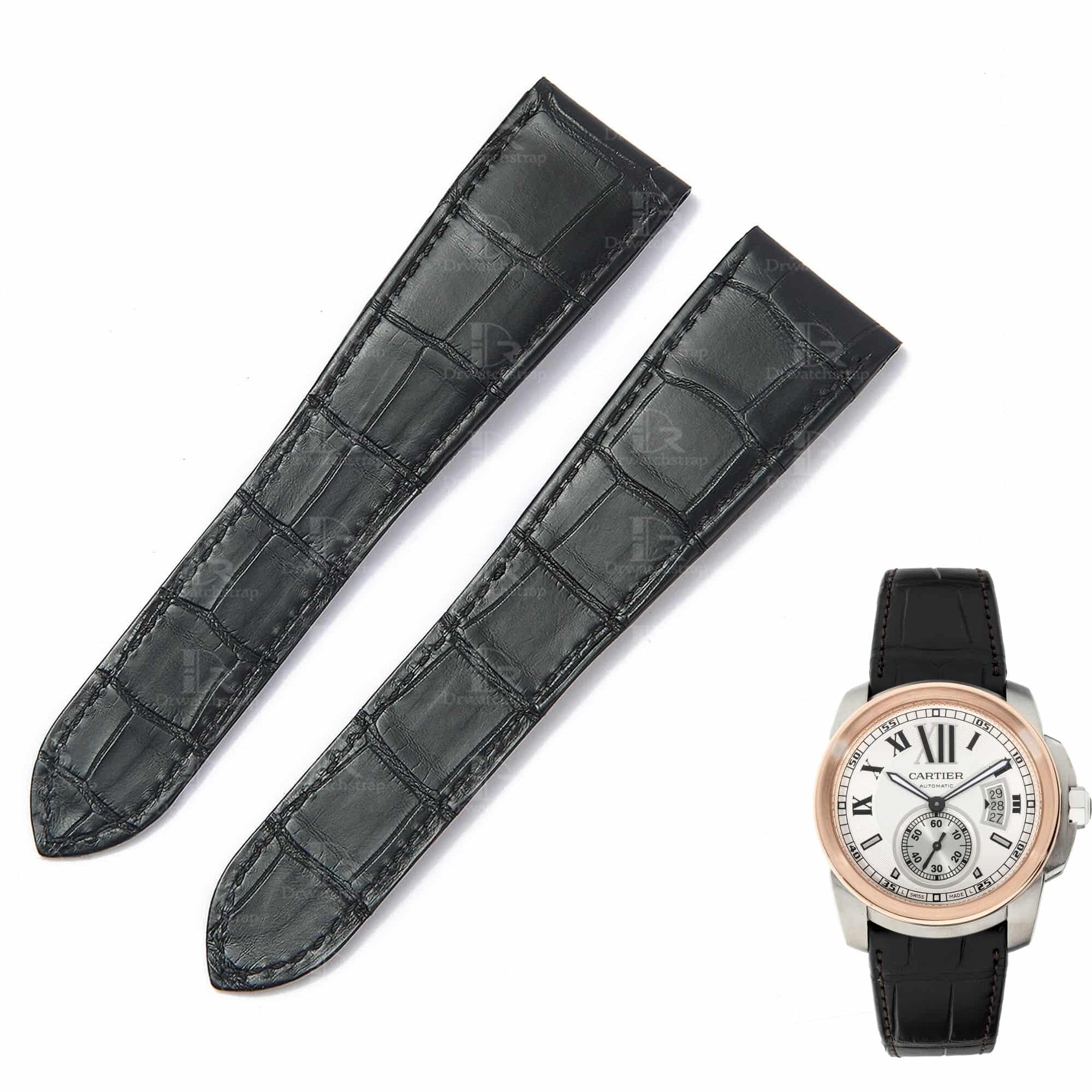 Best quality replacement black alligator crocodile leather Cartier Calibre watch strap and watch band for Cartier Calibre dive watches online - Aftermarket leather watchbands for Cartier Calibre at a low price