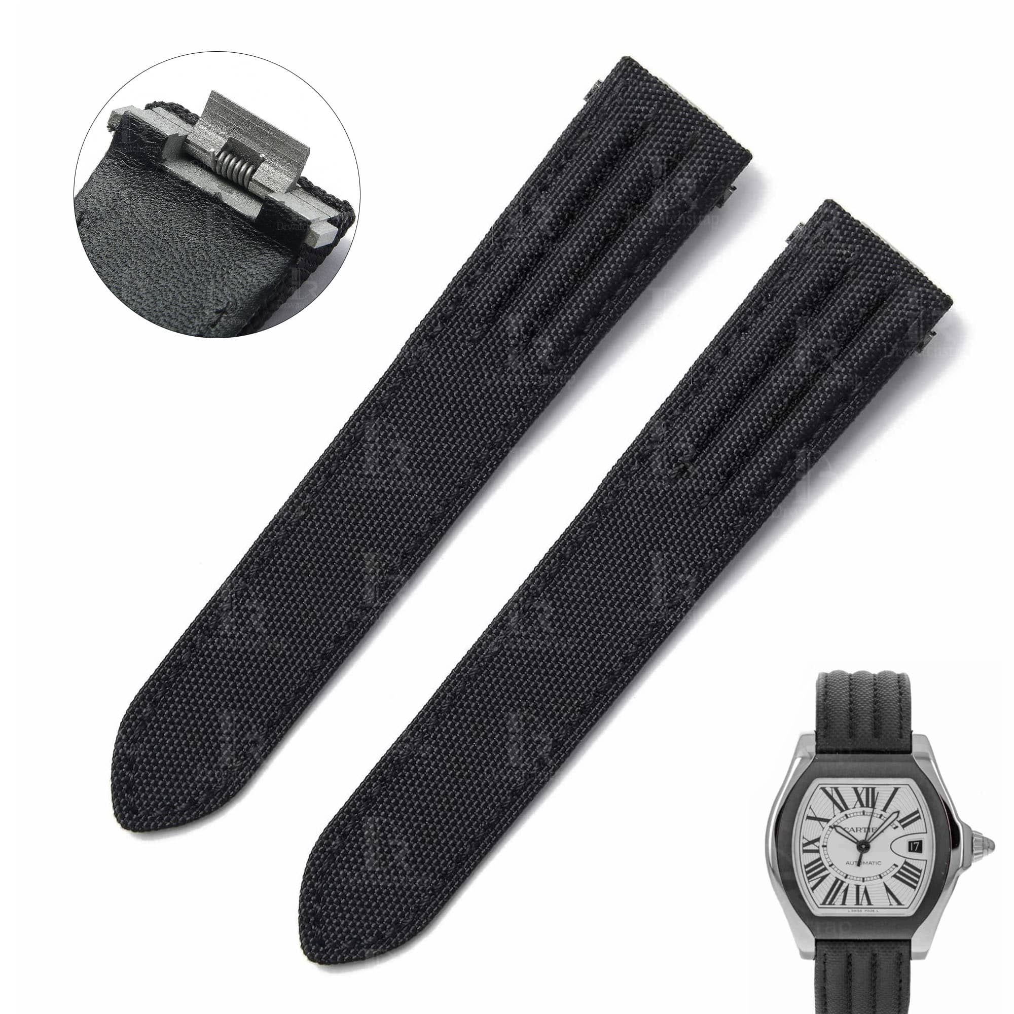 Custom best quality black kevlar canvas nylon Quickswitch handmade strap and watch band fabric replacement for Cartier Roadster 2510 xl Chronograph Non-Chronograph men's and women's 19mm 20mm watches for sale, quick change - Shop the best canvas nylon watch straps and watch bands from DR Watchstrap Quick release at a low price free shipping to US, UK and all over the world