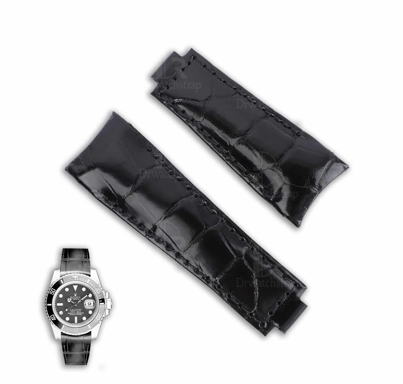Best quality genuine OEM handmade aftermarket black Curved End link alligator crocodile belly-scale high-end replacement Rolex Submariner black leather watch strap and watch band for sale - Shop the high-end custom Alligator straps and watch bands 20mm at a low price