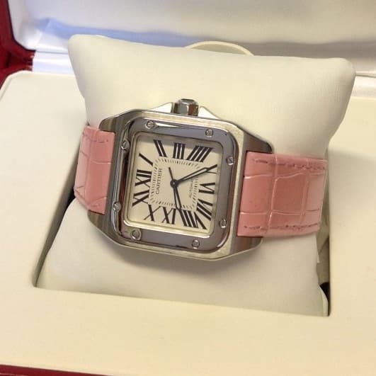 Cartier Santos 100 pink leather watch strap for sale