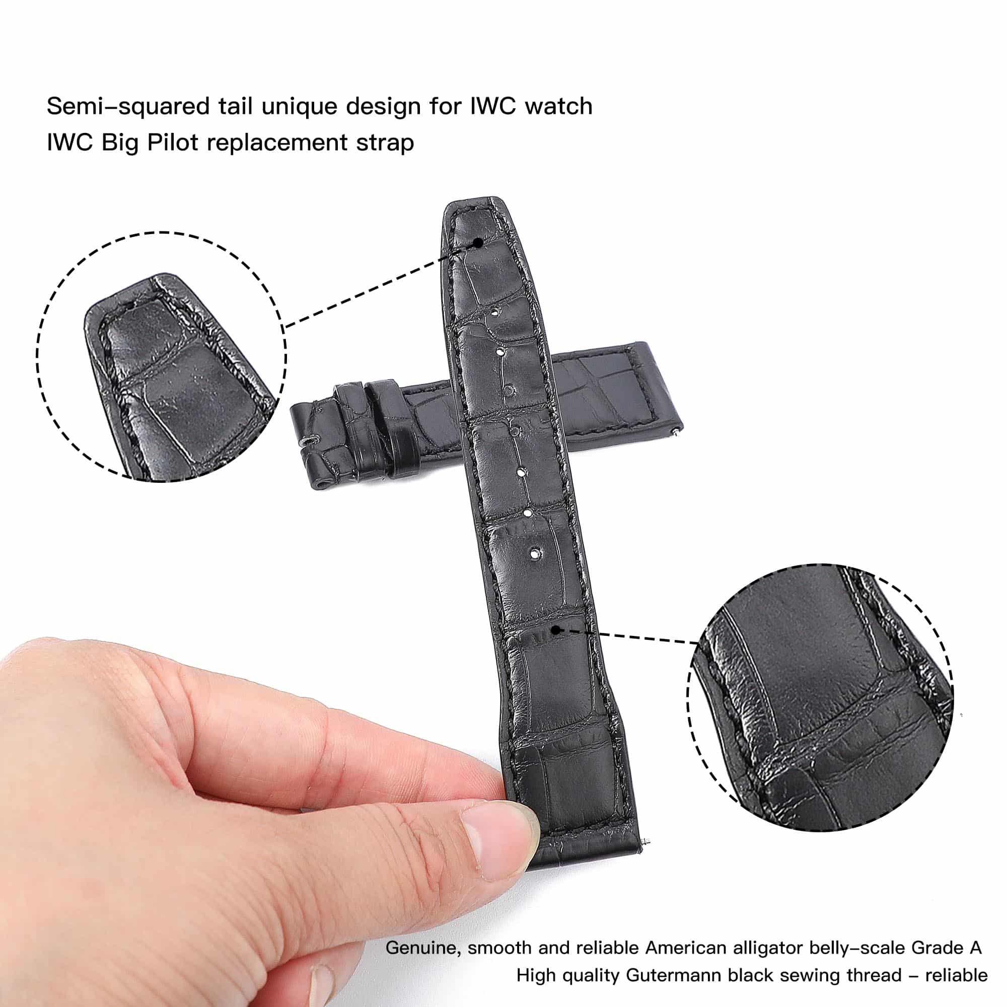 Custom best quality handmade black alligator crocodile 20mm 21mm leather IWC watch straps and watch bands replacement for IWC Pilot's watch Mark XVIII Chronograph - shop the grade A crocodile leather watchbands online