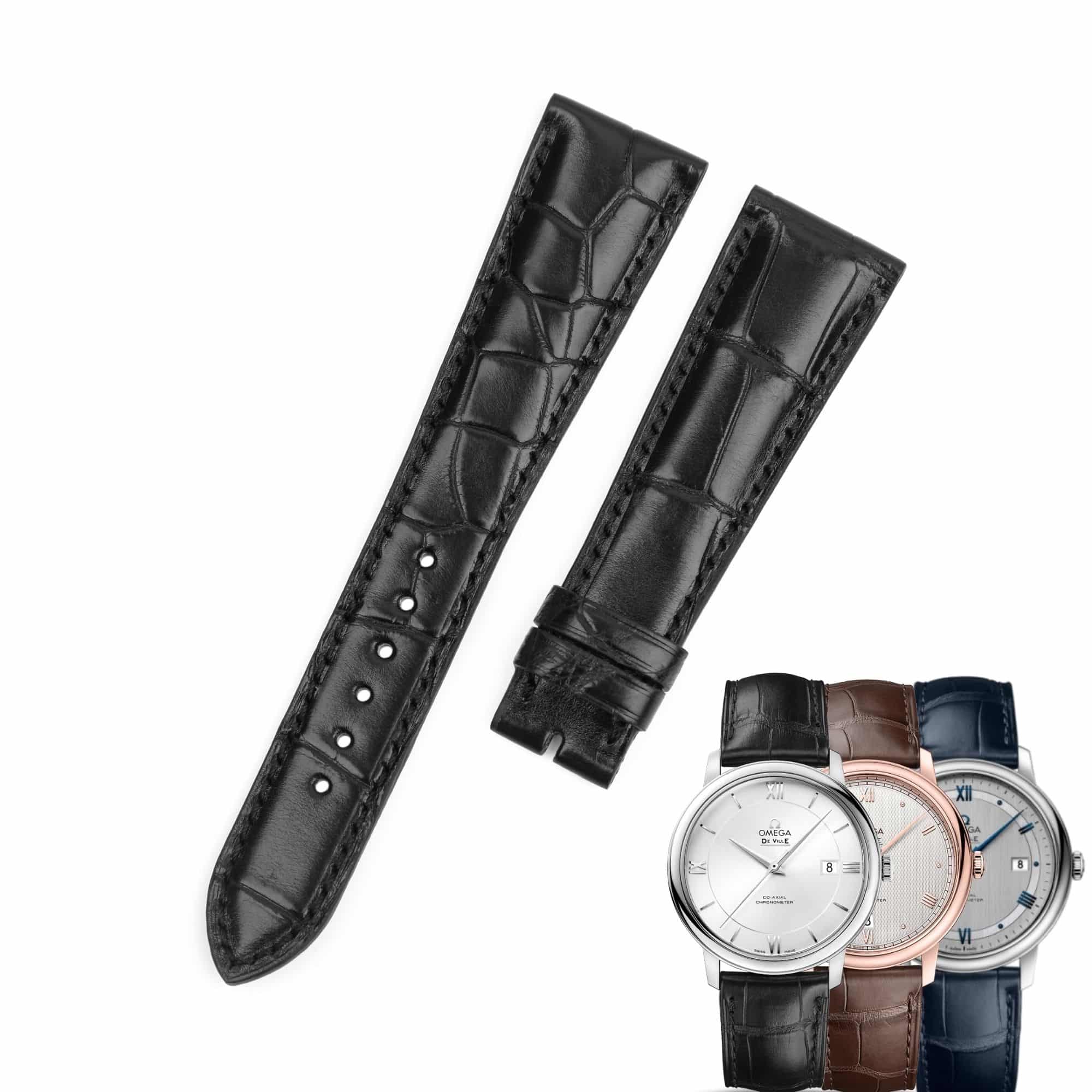 Shop best quality alligator leather straps for Omega Seamaster, De Ville,  Aqua Terra, and more leather strap black brown replacement watch band for sale