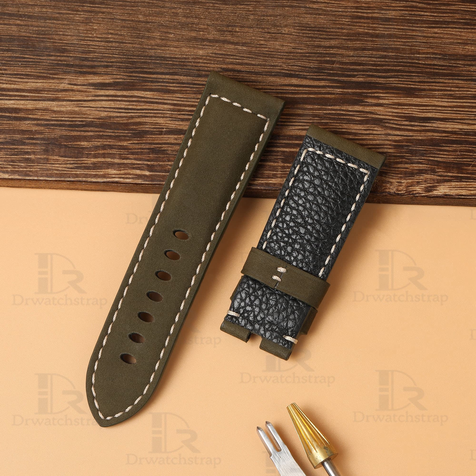 Custom aftermarket OEM best calfskin Oliver green Panerai leather watch straps & watch bands 22mm 24mm 26mm replacement for Panerai Luminor Marina, Radiomir, Submersible luxury watches - Shop the premium best calfskin material leather strap and watch band from Dr watchstrap at a low price