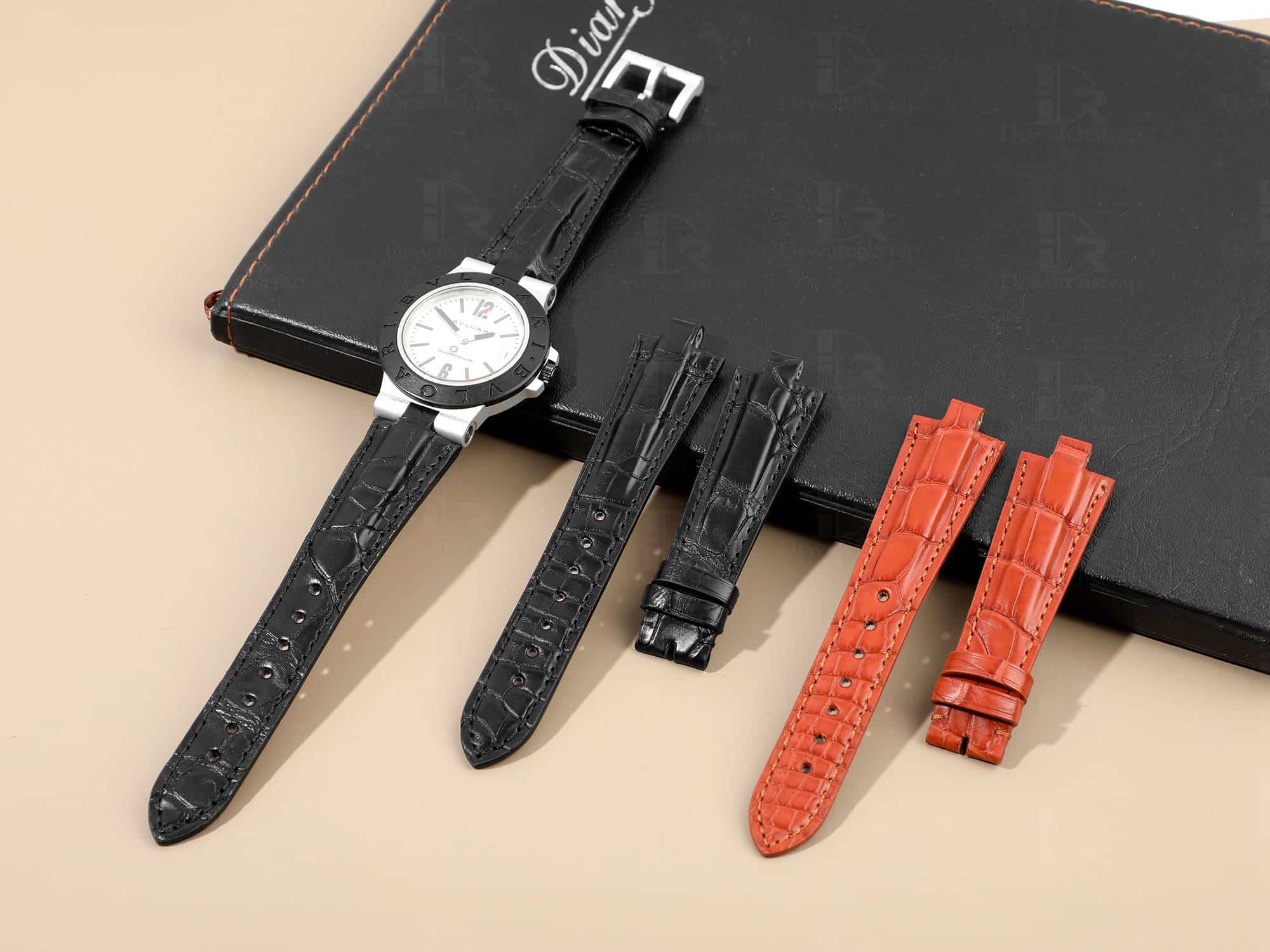 Genuine best quality Belly-scale black brown alligator crocodile custom Bvlgari leather watch strap & watch band replacement for Bvlgari Diagono Aluminium AL38A L3276 mens and women's luxury watch - OEM aftermarket high-end straps and watchbands online at a low price from dr watchstrap
