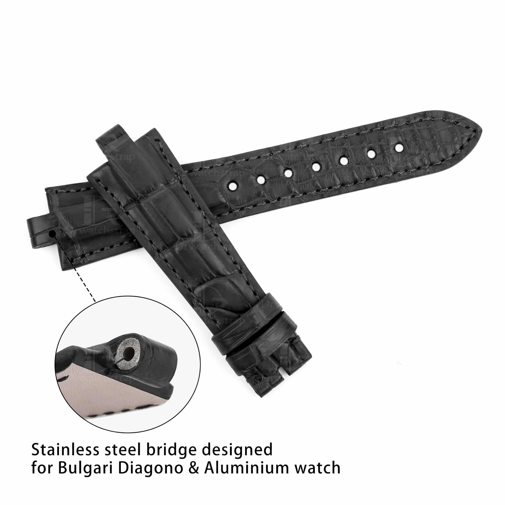 Custom aftermarket black alligator crocodile replacement alligator leather watch strap and watch band for Bvlgari Diagono Aluminium al38a L3276 luxury watches bands online at a low price for mens ladies from dr watchstrap
