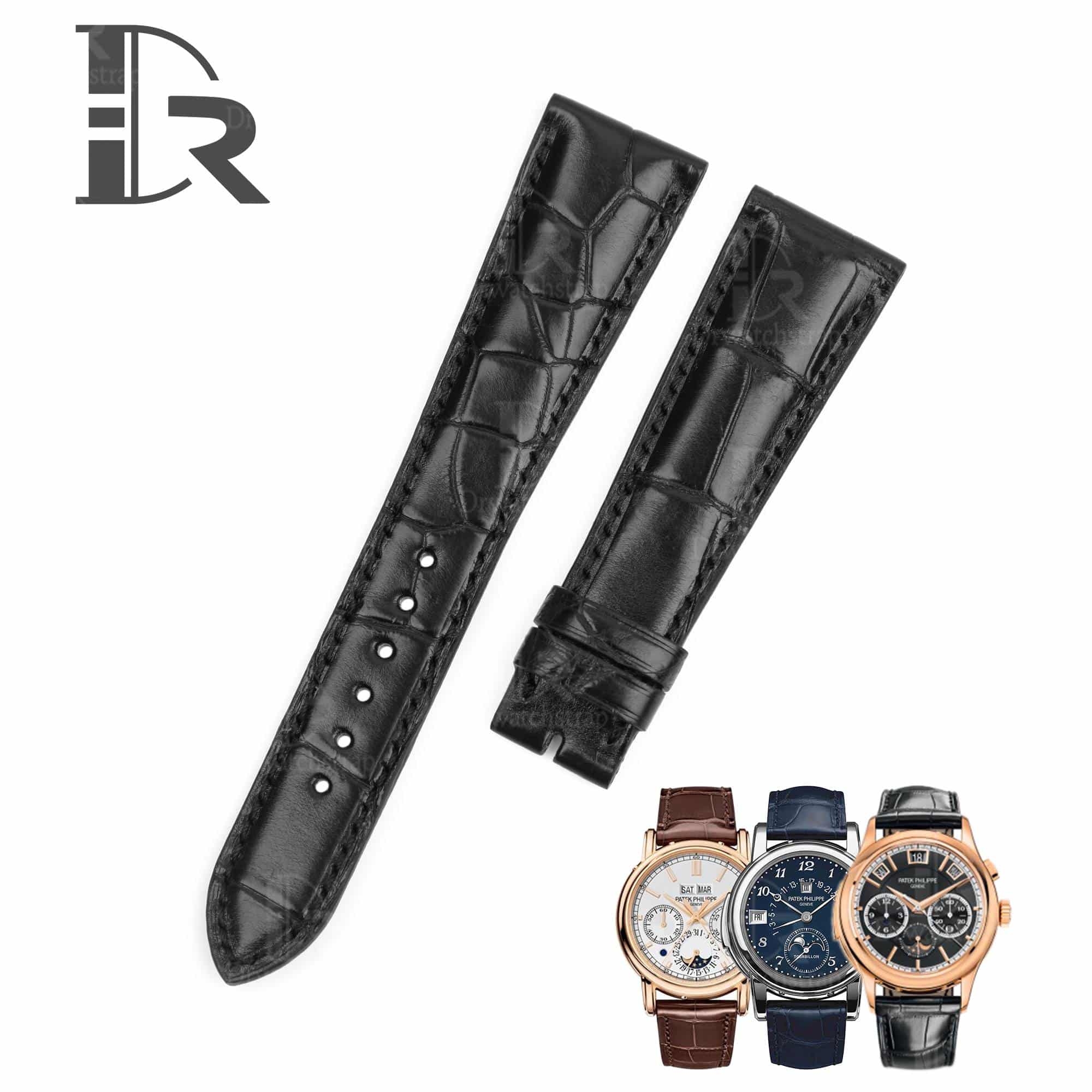 Buy replacement Patek Philippe black leather strap high-end quality American Alligator at discount price 12mm 14mm 16mm 18mm 19mm 20mm 21mm 22mm 23mm 24mm