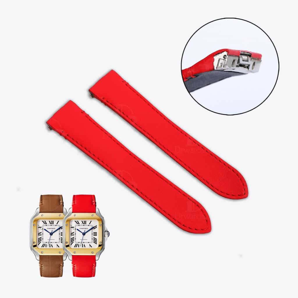 Cartier Santos quickswitch leather watch strap replacement with an interchangeable system and red black brown blue green orange and more colors leather watchbands available for men's women's Cartier Santos Larga Medium watches.