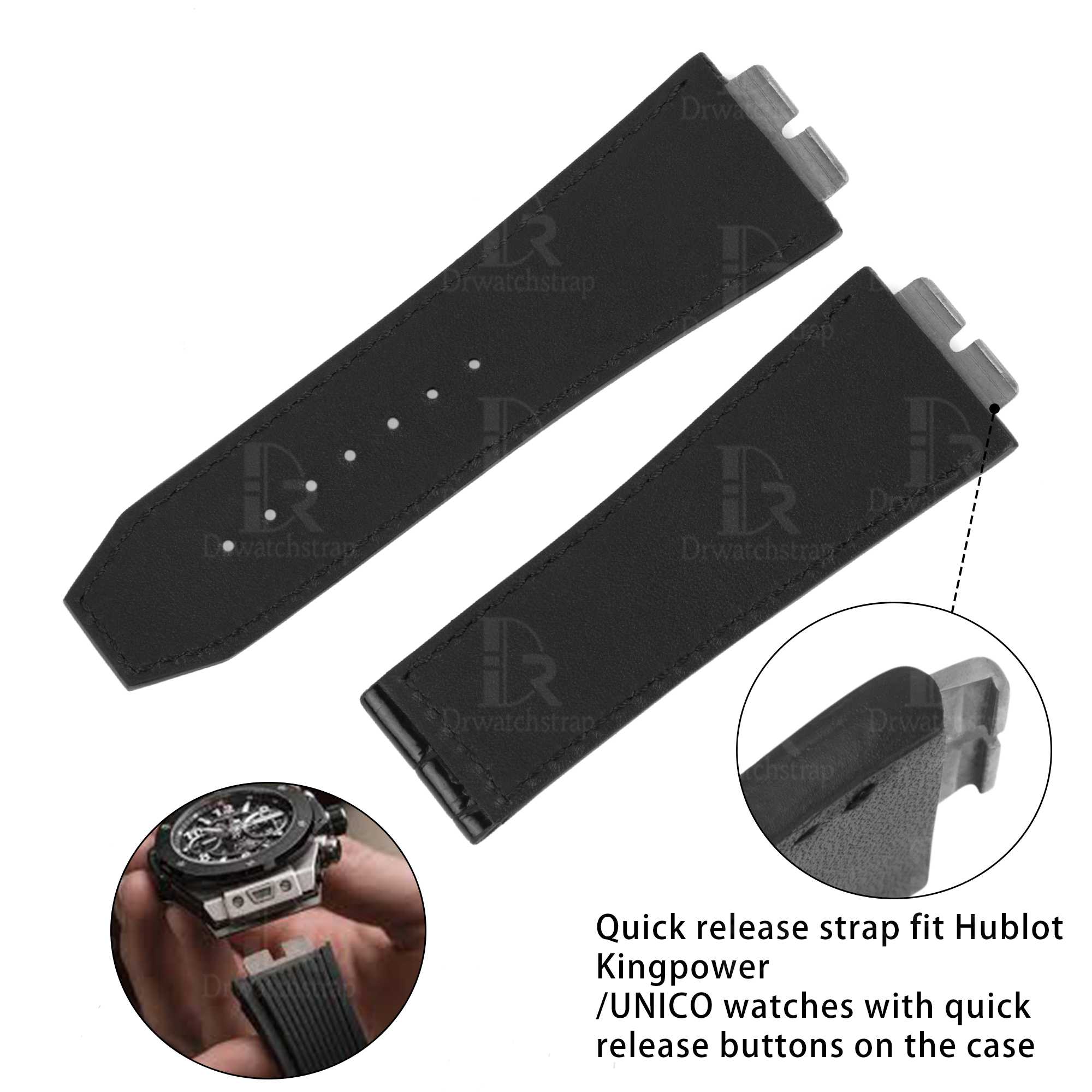 Shop custom made Quick Change Hublot Big Bang Unico 4000m replacement black leather strap 26mm Crocodile skin at discount price.