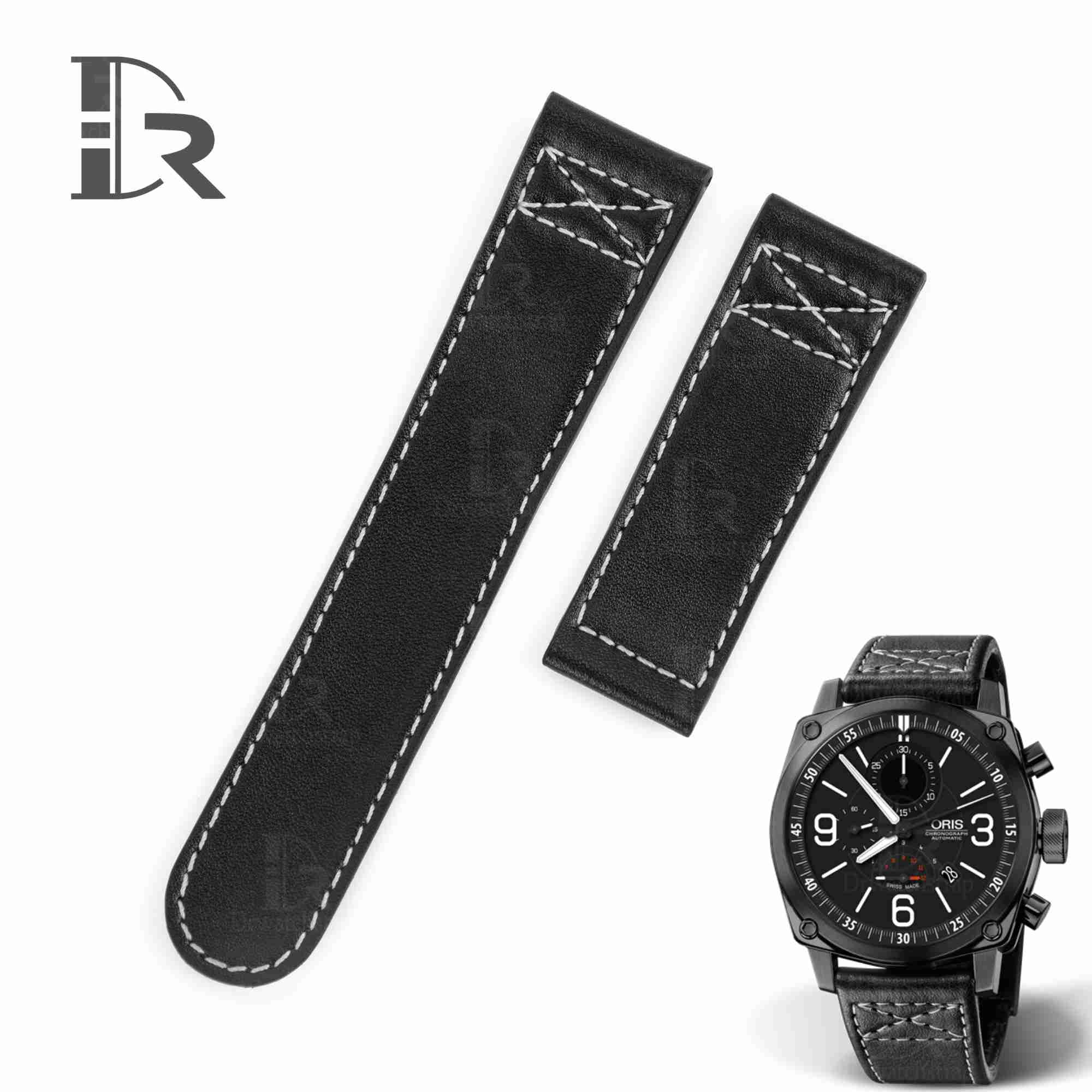 Custom aftermarket watch Oris BC4 straps and watch bands replacement for sale - premium black calf leather with white stitching watchbands online with black strap or bracelet