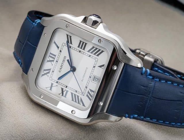 Cartier Santos quickswitch leather watch strap replacement with an interchangeable system and red black brown blue green orange and more colors leather watchbands available