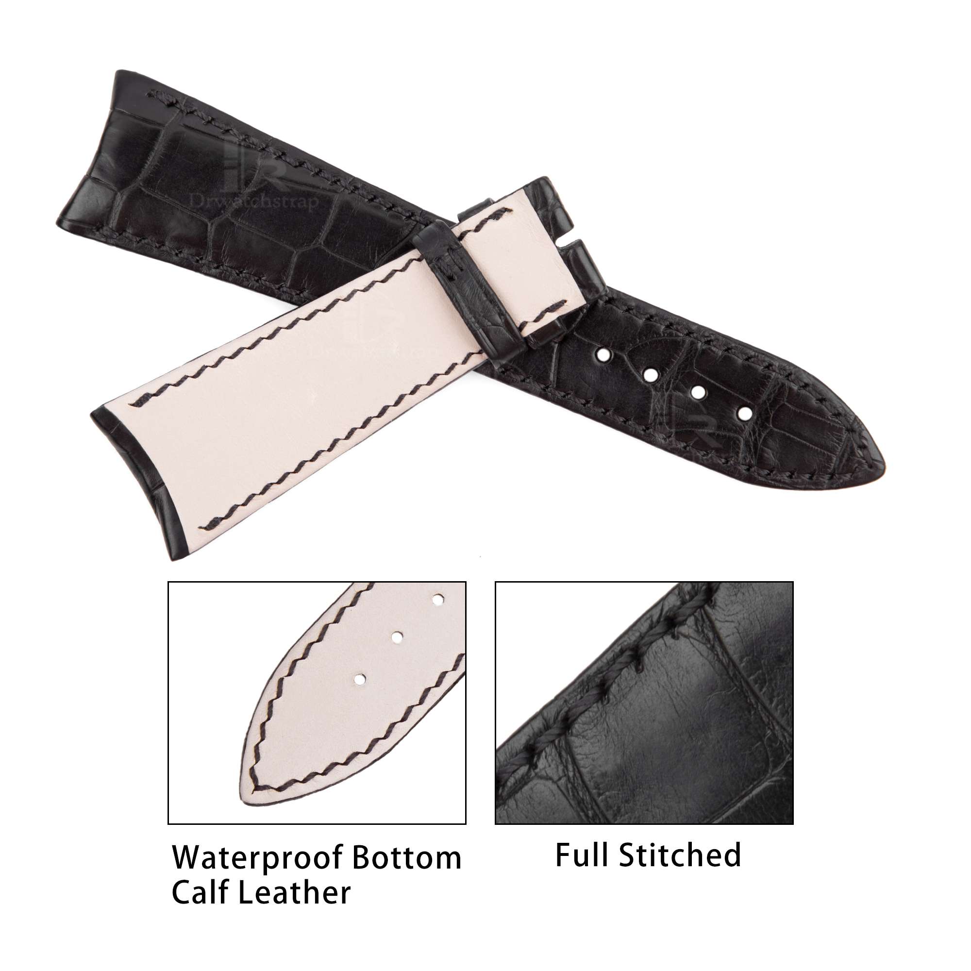 Curved End Custom Handmade Black Crocodile Leather AP Watch Band for Audemars Piguet 24mm 22mm 20mm 18mm
