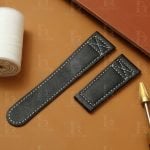 Custom curved leather watch strap 20mm black calfskin red stitching (6)