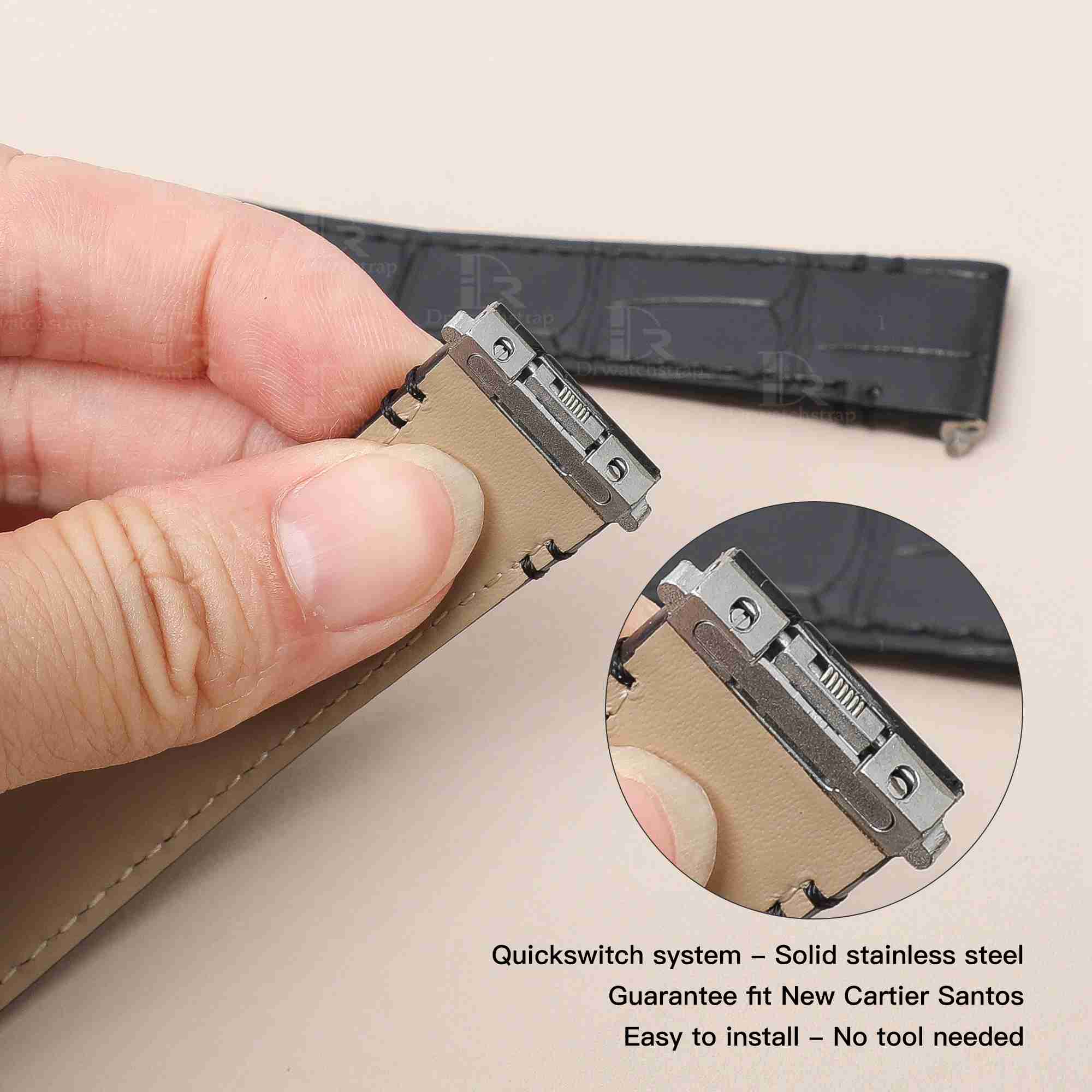 Genuine best quality replacement Grade American Alligator Quickswitch Black leather Cartier Santos watch straps & watchbands for Cartier Santos 100 L XL watches for sale - Grade A crocodile custom leather watchband with interchangeable system online at low price