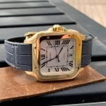 Cartier Roadster on wrist with custom replacement gray alligator leather strap quickswitch