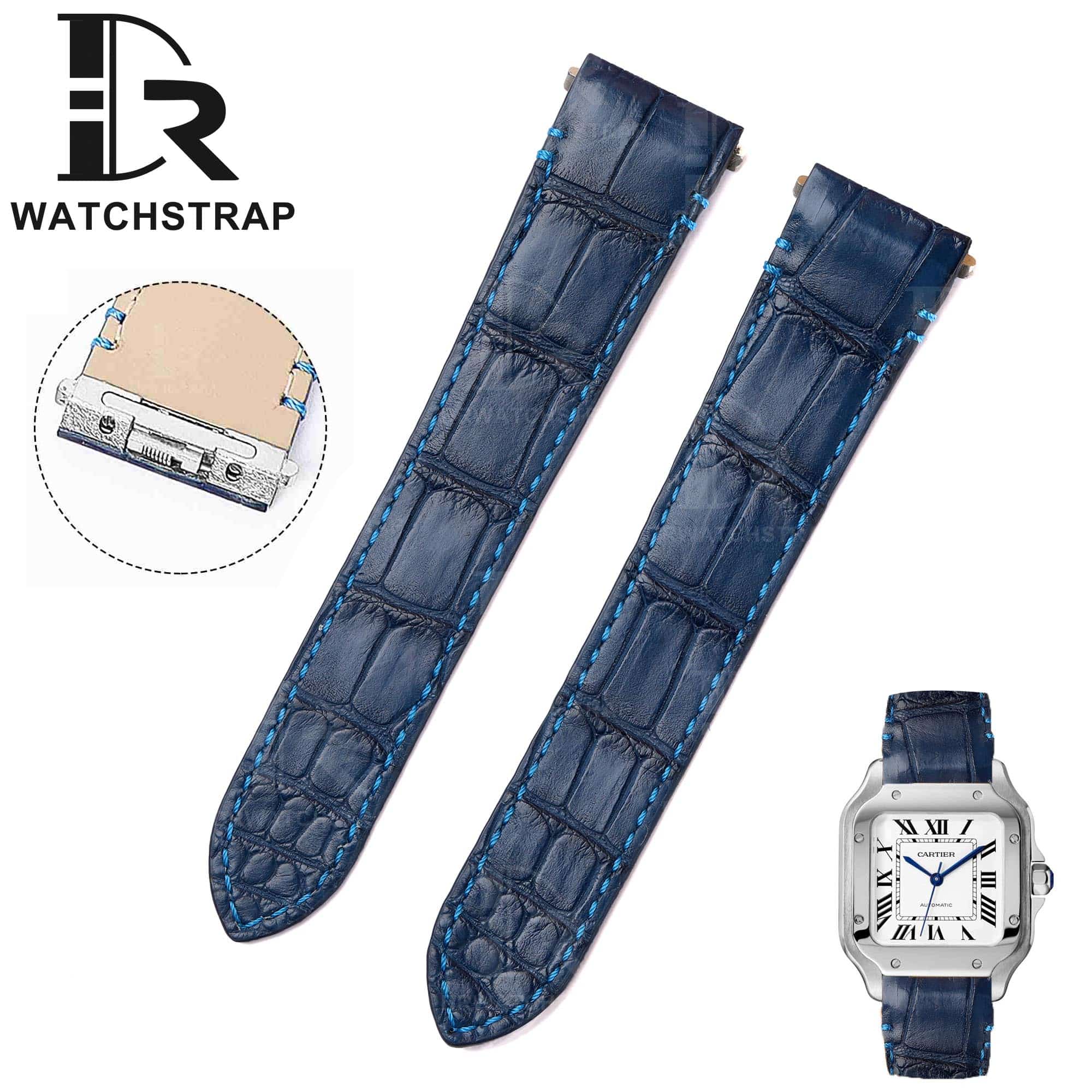 Cartier Santos quickswitch leather watch strap replacement with an interchangeable system and red black brown blue green orange and more colors leather watchbands available for men's women's Cartier Santos Larga Medium watches.