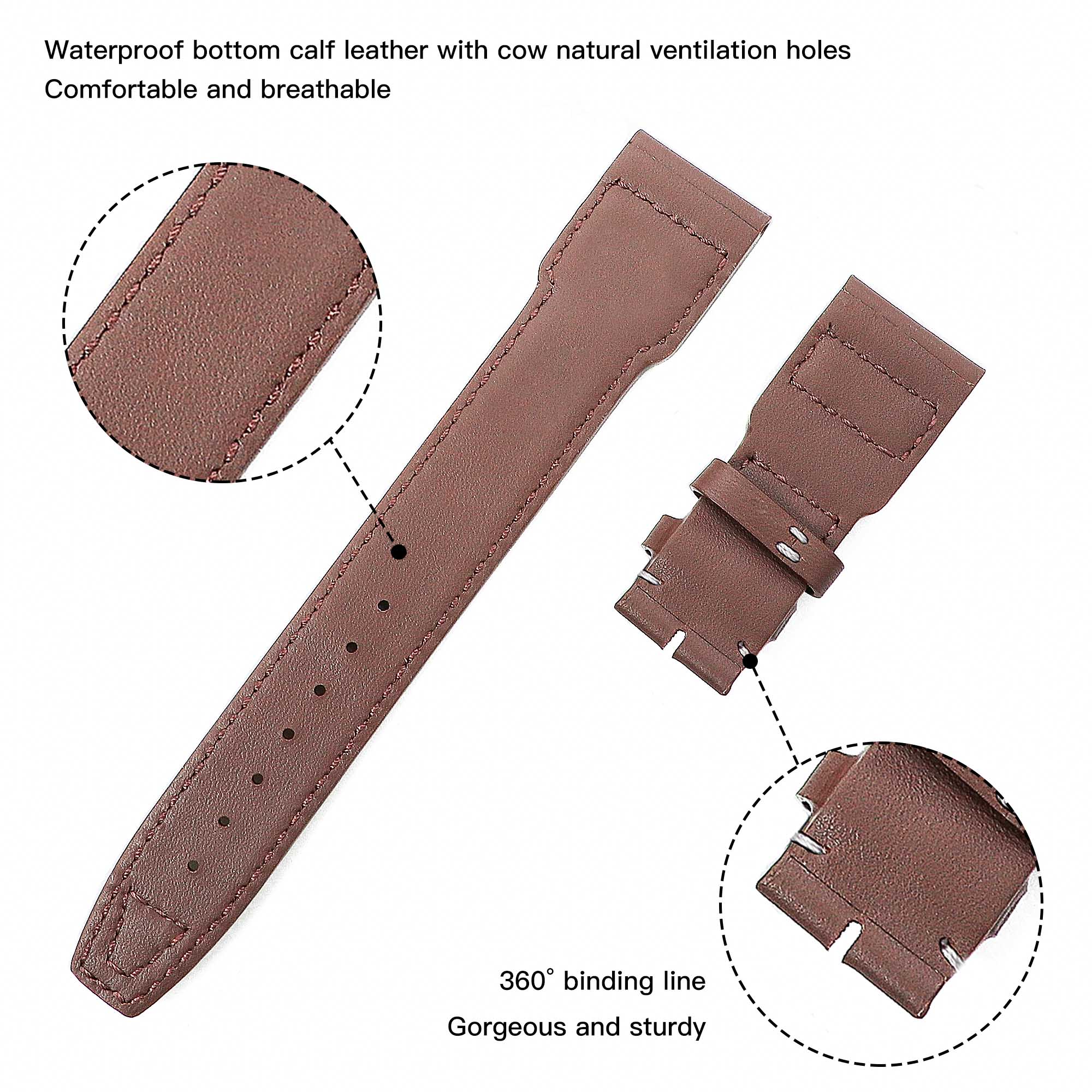 Custom premium Brown calfskin replacement IWC watch straps and watchbands for IWC Big Pilot watches for sale - High-quality IWC leather strap replacement 22mm 21mm with rivets