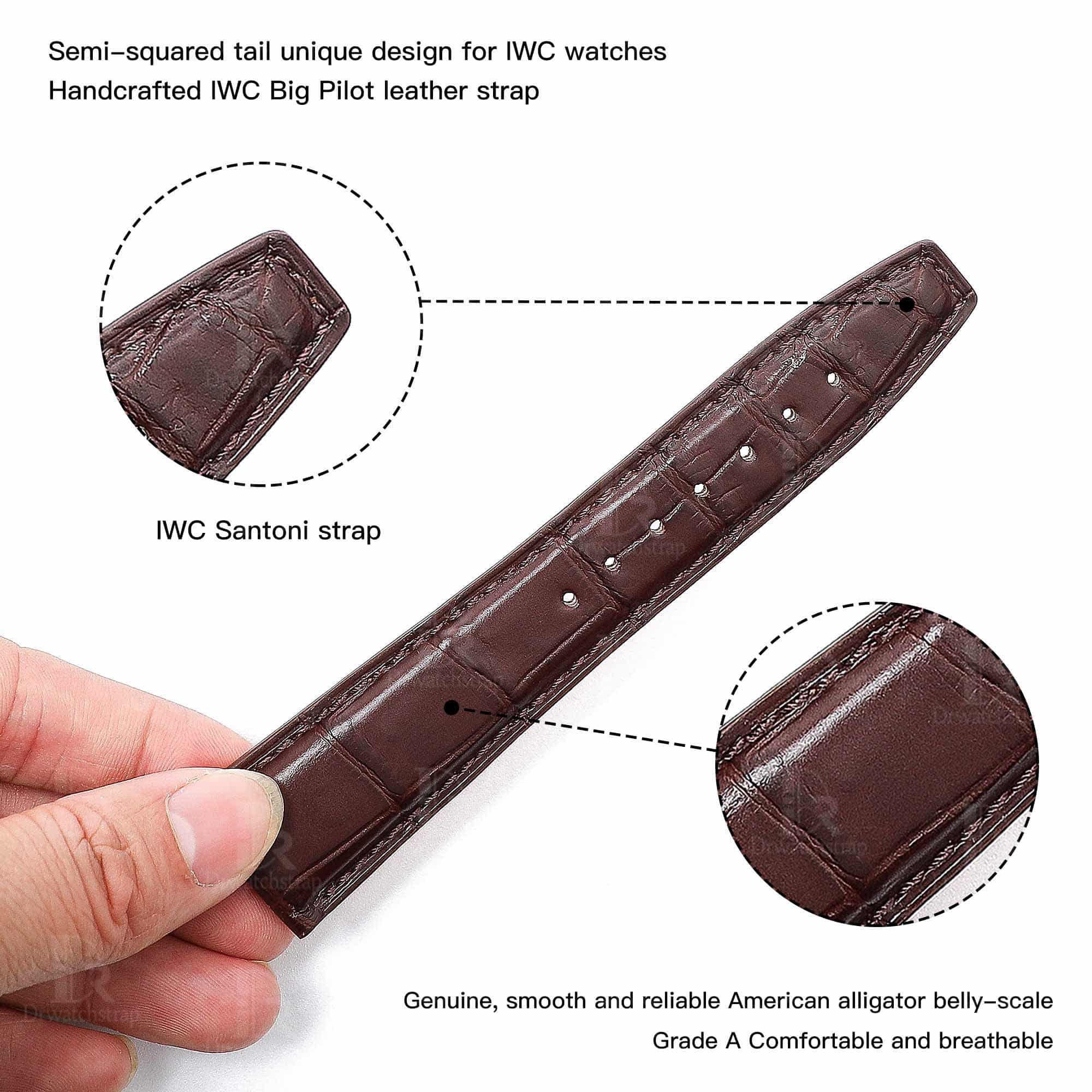Best quality Grade A alligator Belly-scale brown leather Santoni 20mm 22mm IWC watch strap and watch band replacement for IWC Portofino / Pilot's watch at a low price - Shop handcrafted OEM watch bands online