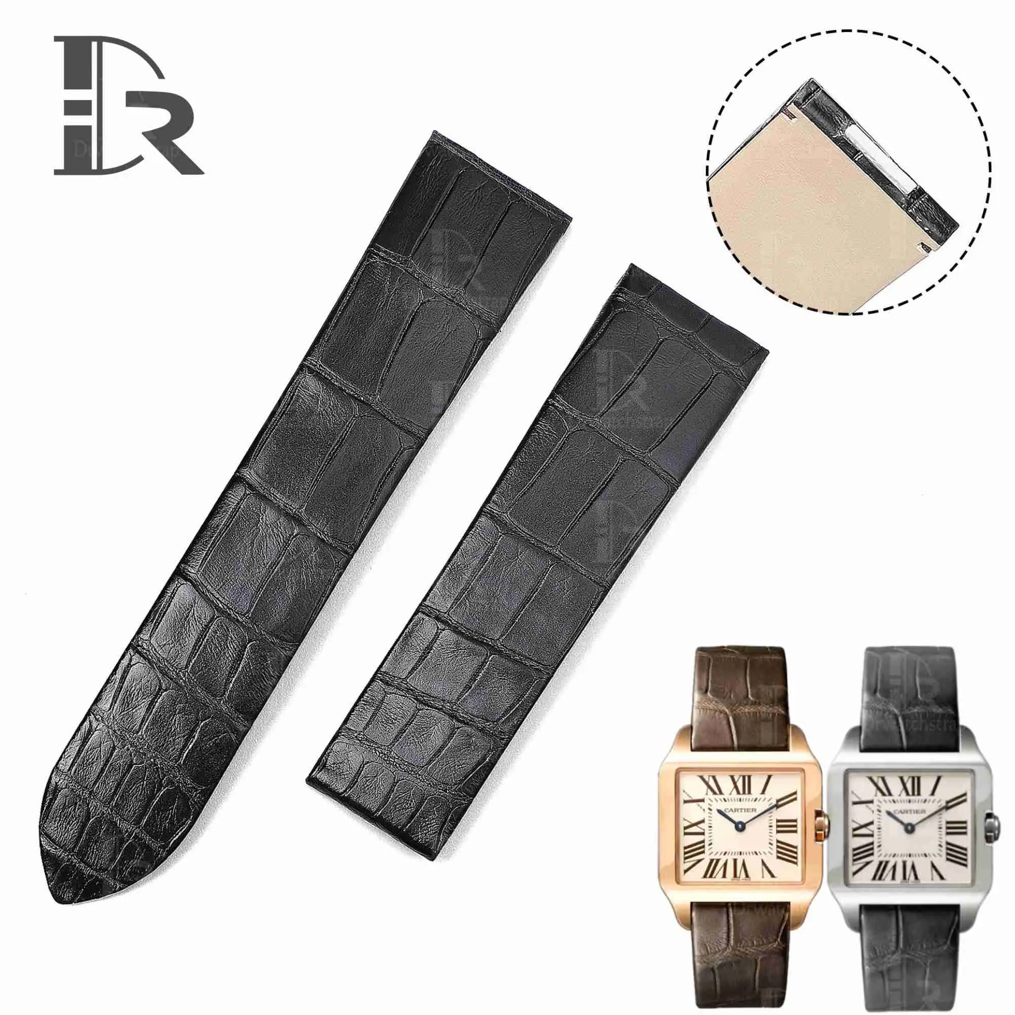 Custom genuine alligator leather black watch Cartier santos dumont la Demoiselle ladies women's strap and watch band replacement watch bands for sale