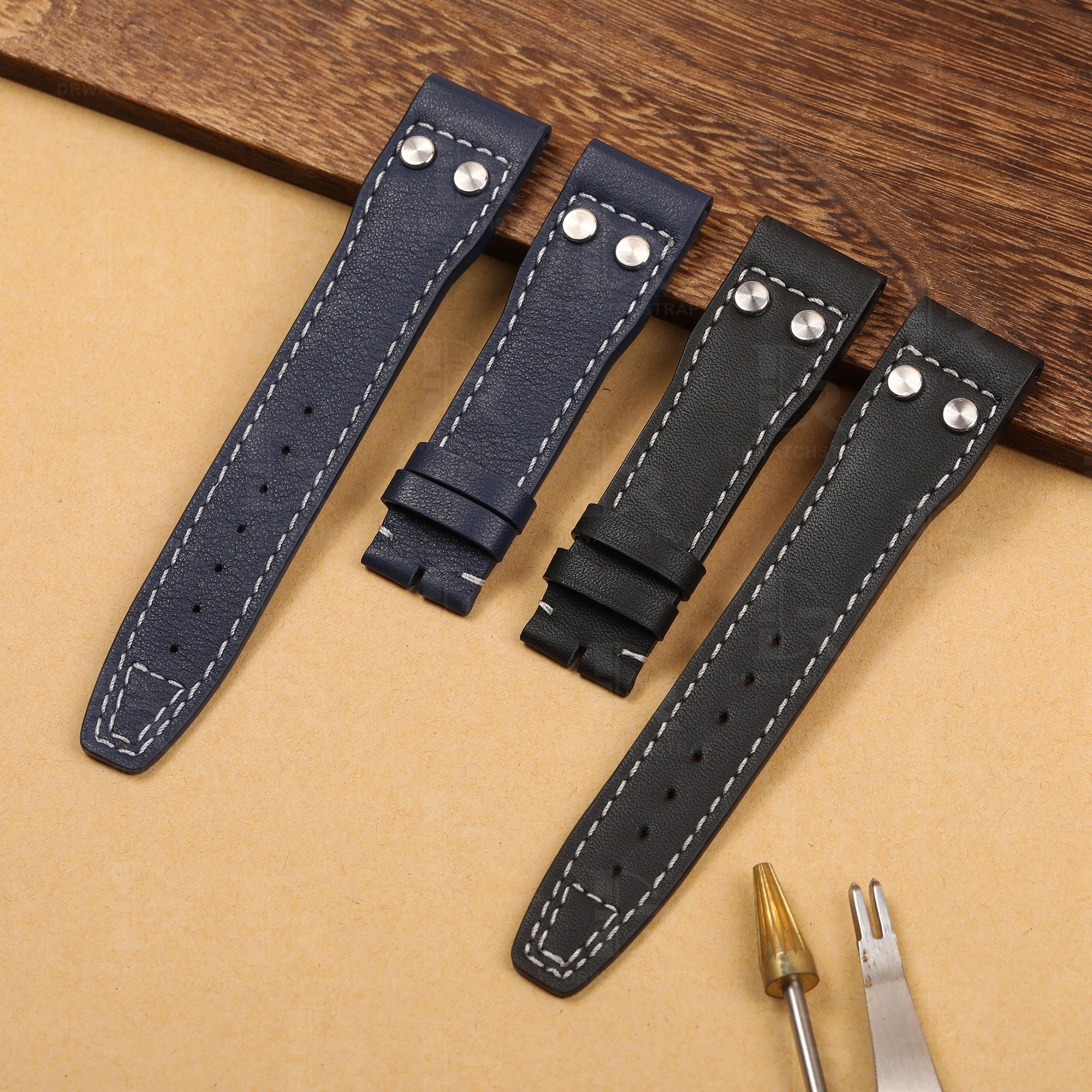 Buy Custom IWC Big Pilot calfskin leather watch band strap with rivets 21mm 22mm Handmade watchstraps