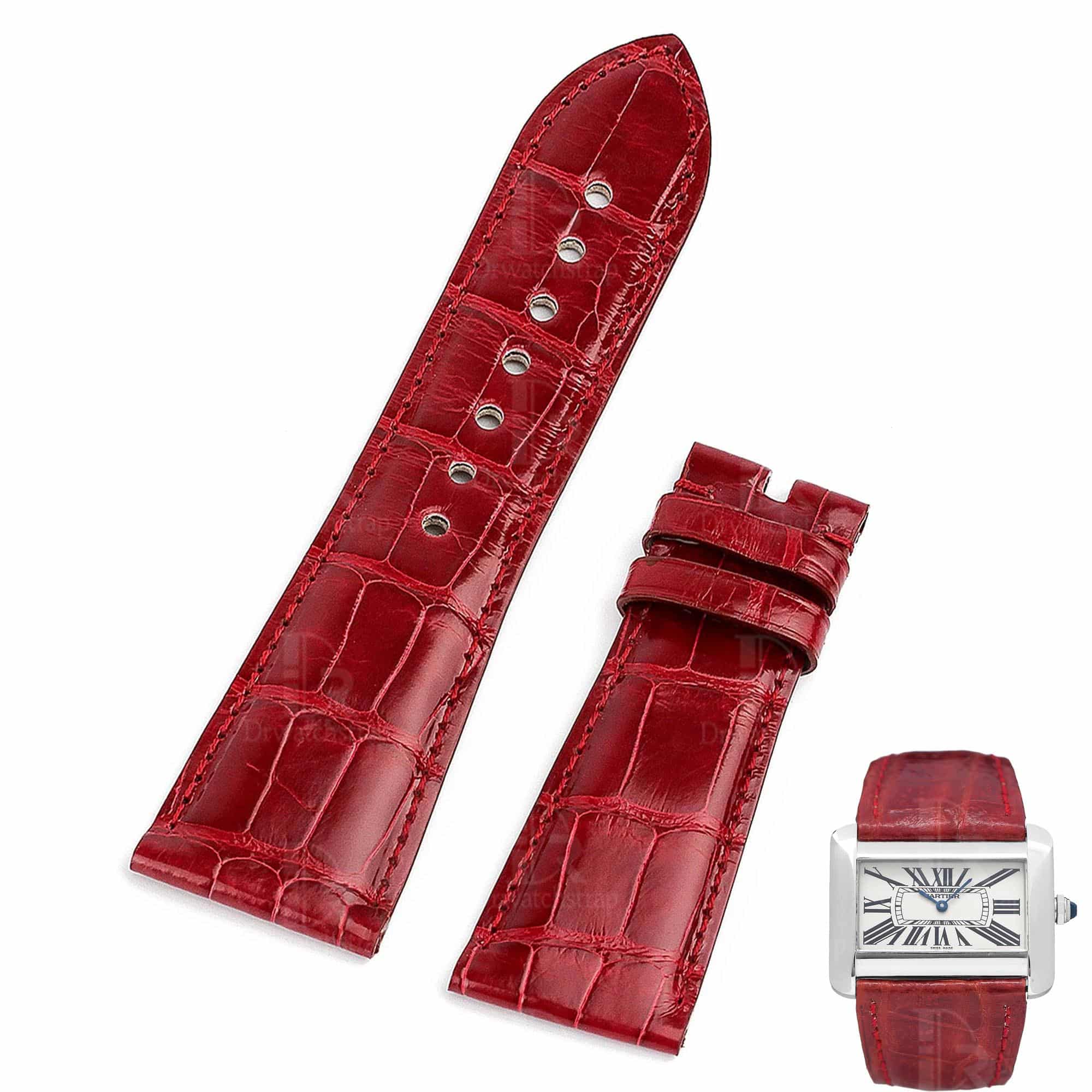 Genuine high-end quality custom OEM red Alligator leather watch strap & watchband replacement for Cartier Tank Divan men's and ladies' luxury watches - 100% handmade custom best quality Grade A Crocodile Cartier straps and watch bands from DR Watchstrap at low price
