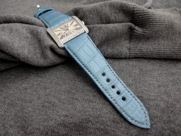 2Genuine high end quality custom OEM blue Alligator leather watch strap watchband replacement for Cartier Tank Divan mens and ladies luxury watches handmade custom best quality Grade A Crocodile Cartier straps and watchbands