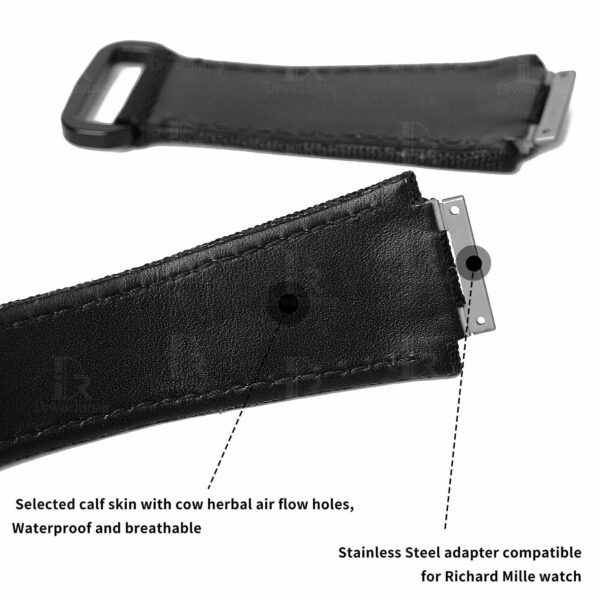 Richard Mille black watch band with stainless steel adapter for RM035 055 and more