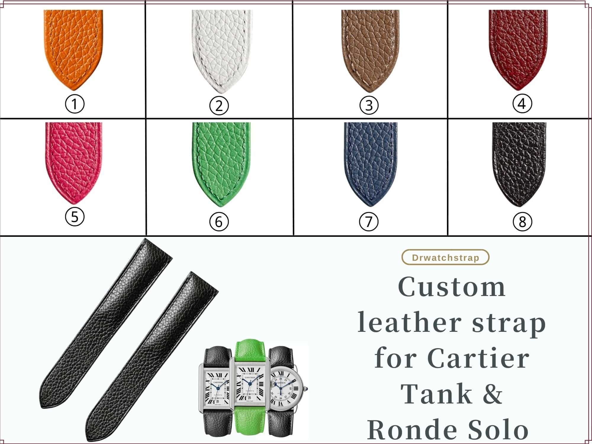 Handcrafted custom premium calf watch leather strap black green red brown white replacement watch band for Cartier Tank solo Ronde small large XL ladies men watches for sale at a low price