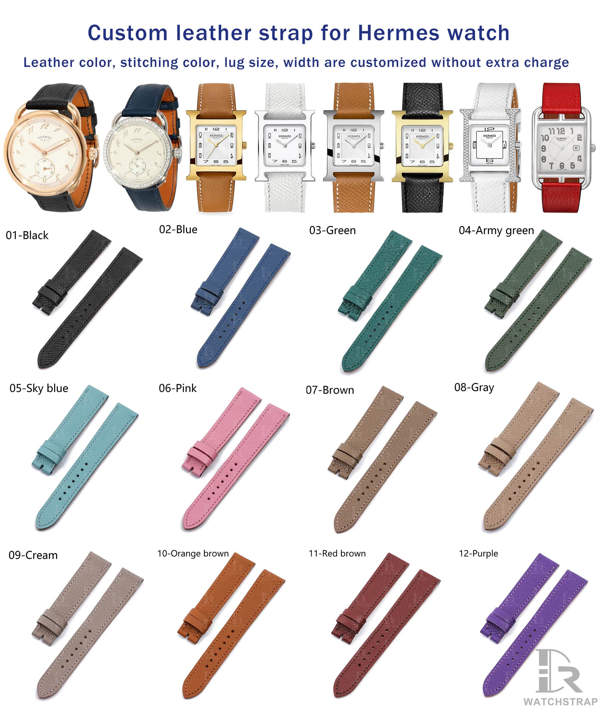 Buy custom Hermes Cape Cod | Heure H leather watchband 13mm 14mm 16mm 19mm 20mm handmade for sale (Single Tour, multi-color)