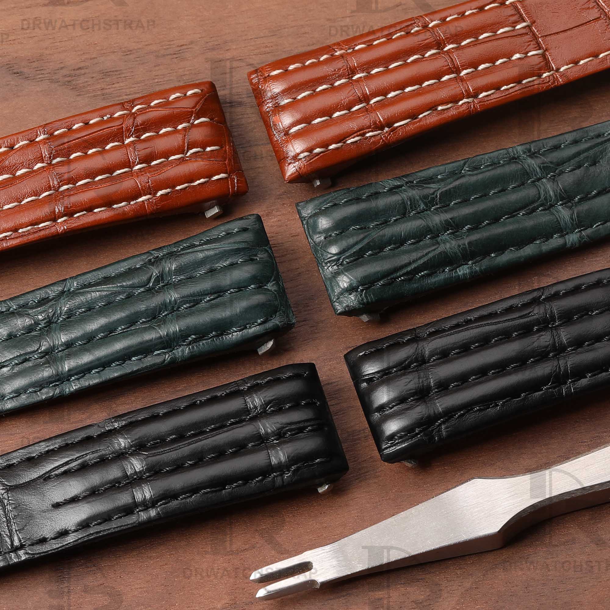 Custom genuine alligator Black Dark Green leather watch strap replcament for Cartier Roadster watch (1)