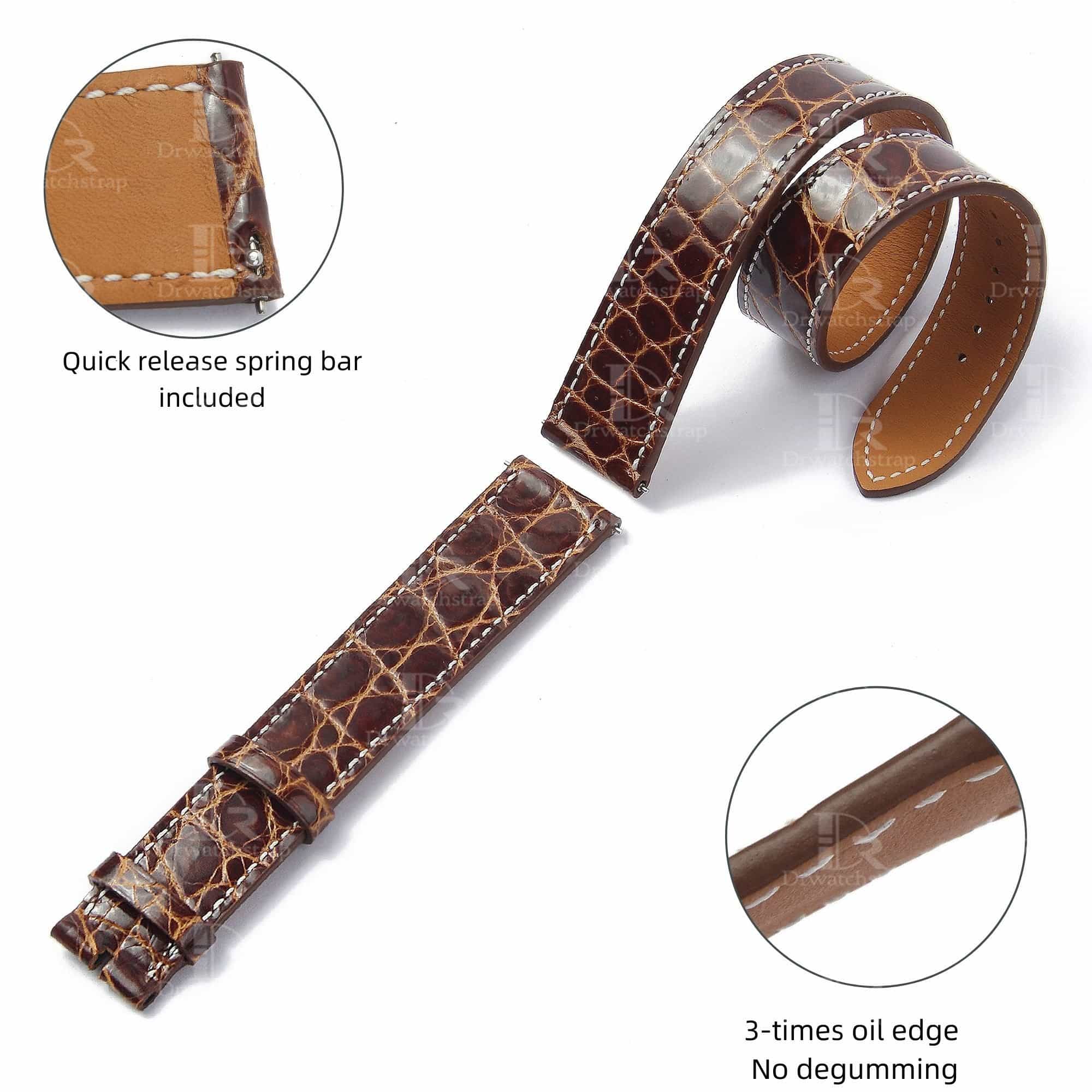 Handmade best quality alligator crocodile round-scale leather Hermes watch band and watch strap Double tour replacement for sale - Brown double wrap watch bands online for Hermes Heure H Cape COD Arceau luxury watches 38mm 44mm