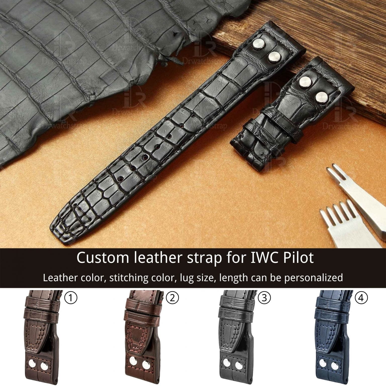 Custom IWC Big Pilot Watch Strap 22mm With Rivets - Drwatchstrap