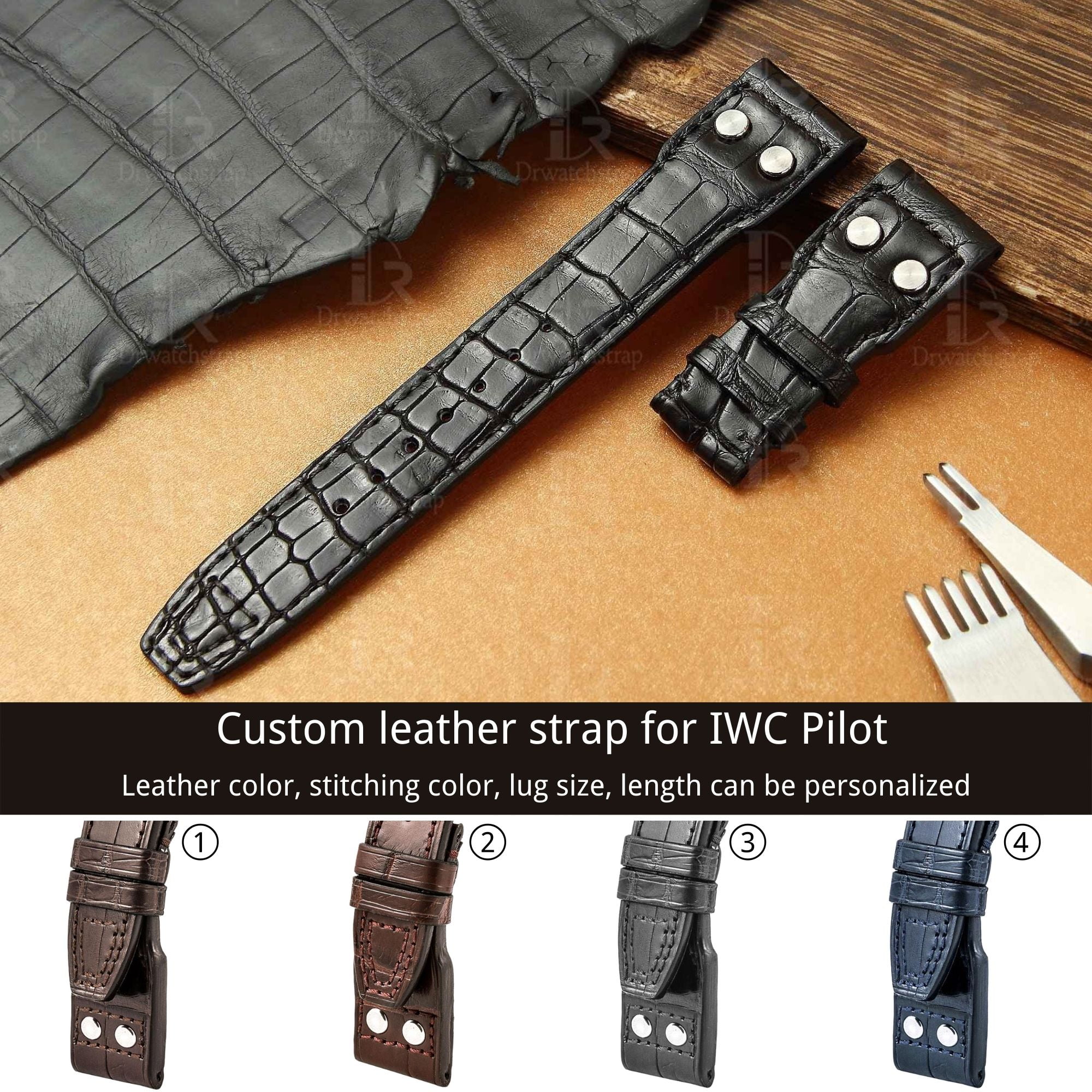 Custom OEM best quality American Alligator black Belly-scale leather replacement IWC Big Pilot watch strap and watch band online - Shop the high-end straps and watch bands at a low price 22mm with rivets