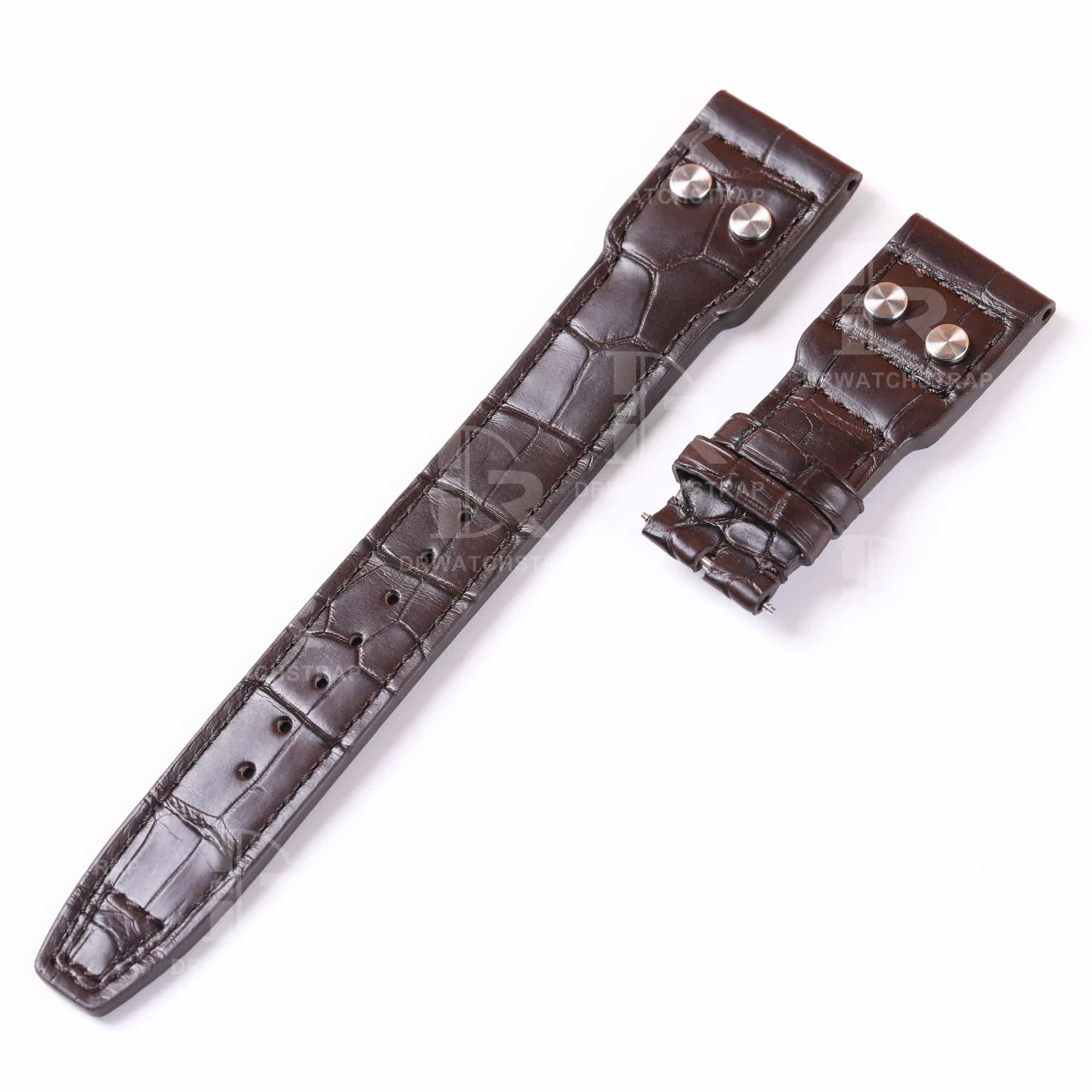 Custom alligator chocolate brown leather watch band with rivets 22mm replacement IWC Pilot watch strap