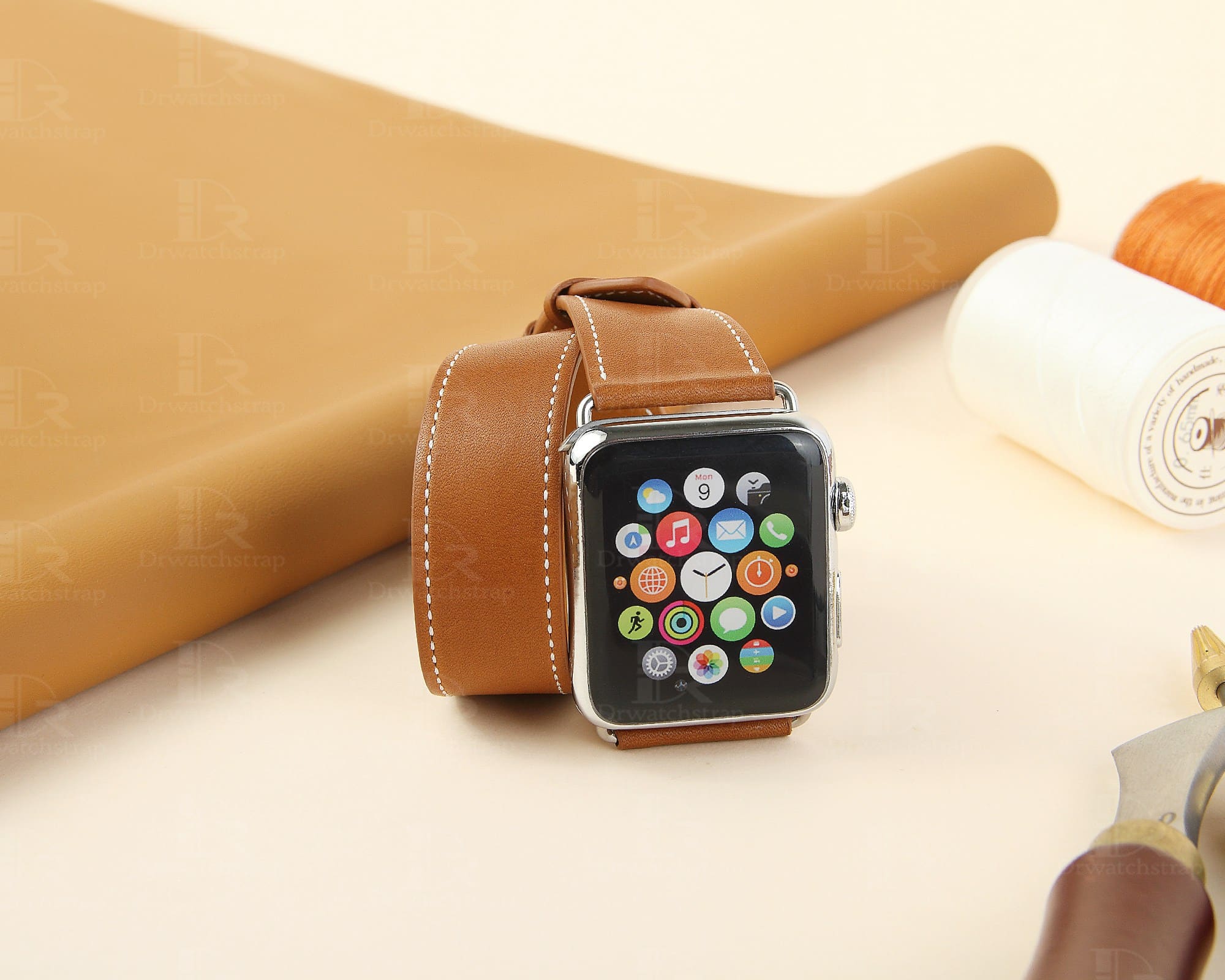 double loop handmade brown leather watch strap oem apple watch