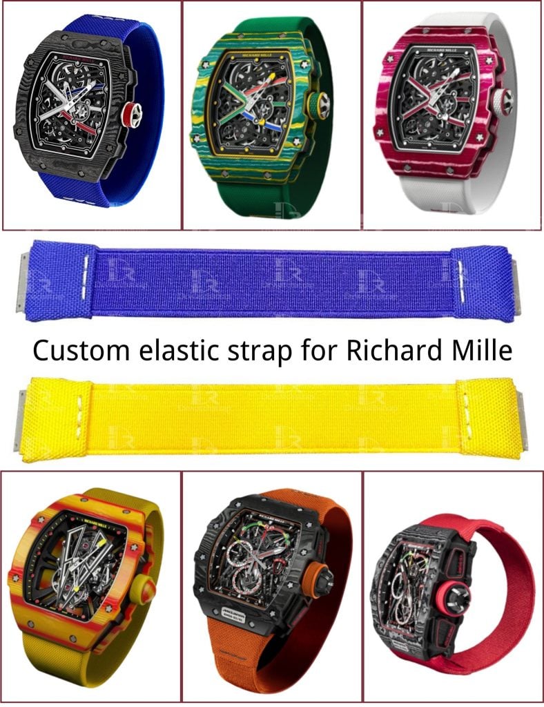 Richard Mille RM elastic nylon watch strap replacement best quality material at a discount price with red white yellow blue orange green pink grey purple and rose gold watch bands available for sale for RM67 035 011 030 055 and more models