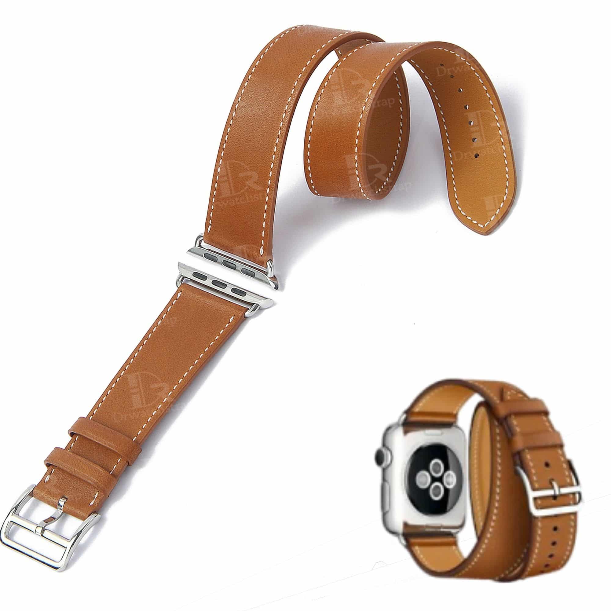 Double loop leather watch band smooth brown calfskin fit for apple watch band