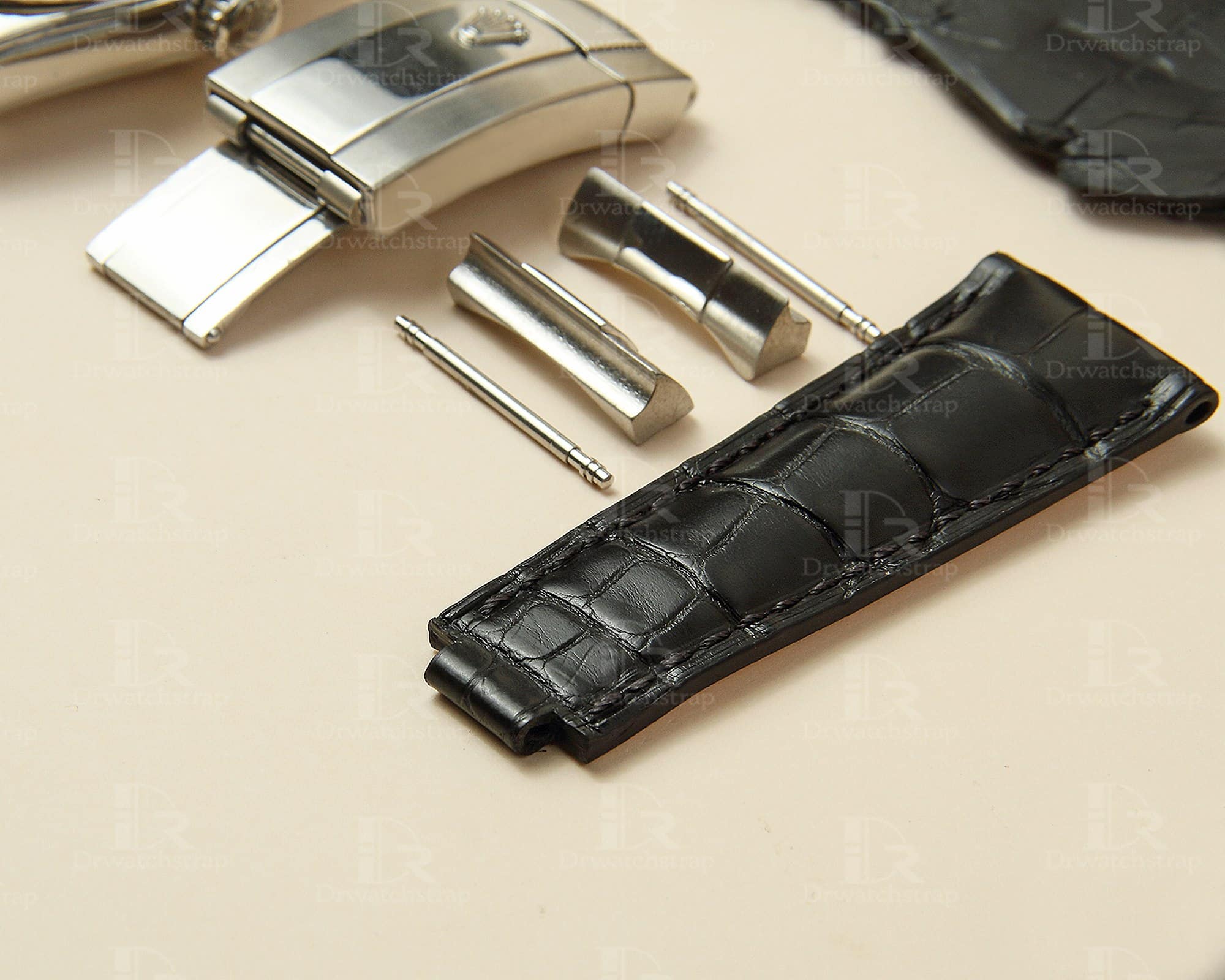 Best high-end quality alligator black Rolex leather watch straps and watch bands replacement for Rolex Submariner & Sky-Dweller luxury watches - Aftermarket watch strap online for sale at a low price 20mm 21mm 22mm lug size