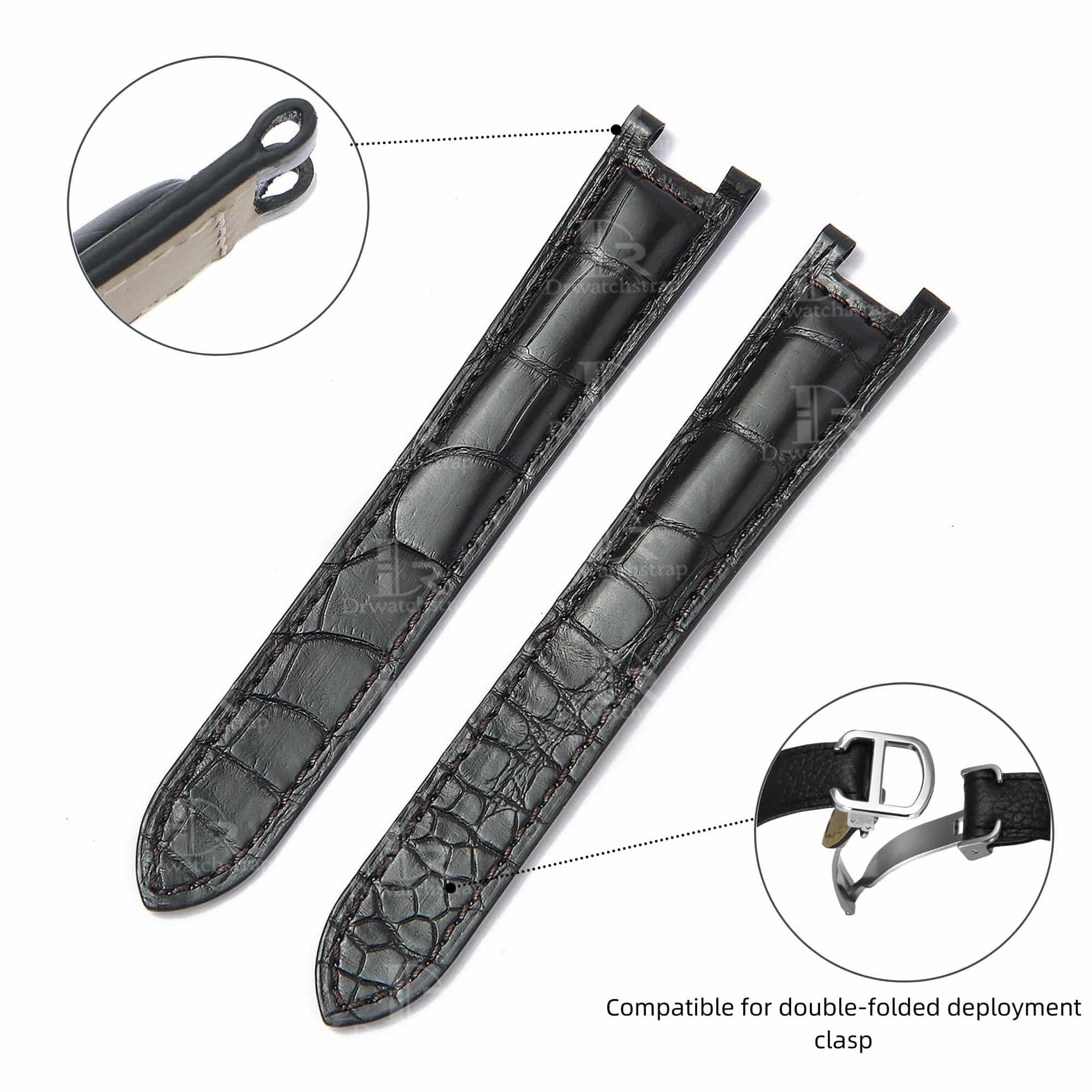 100% handmade black genuine OEM custom double-folded alligator crocodile leather strap and watch band replacement for Cartier Pasha De watches online - Shop the high-end quality Belly-scale bespoke leathr straps and watch bands online from DR Watchstrap onine at a low price