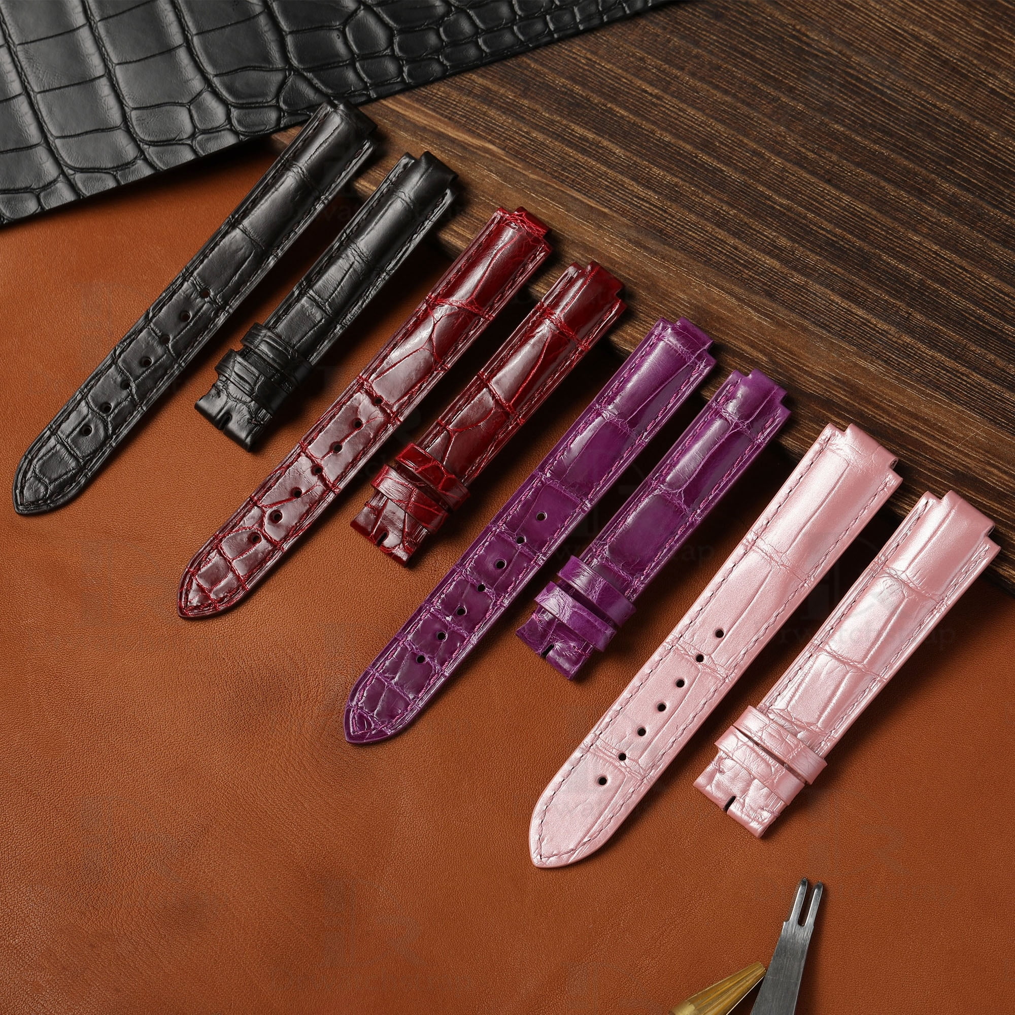 Genuine best quality OEM custom American Alligator black red pink purple Belly-scale replacement Cartier Ballon Bleu de watch leather strap & watch band with pin buckle from dr watchstrap for Cartier de Ballon Bleu watches online - Shop the high-end watch straps & watchbands at a low price