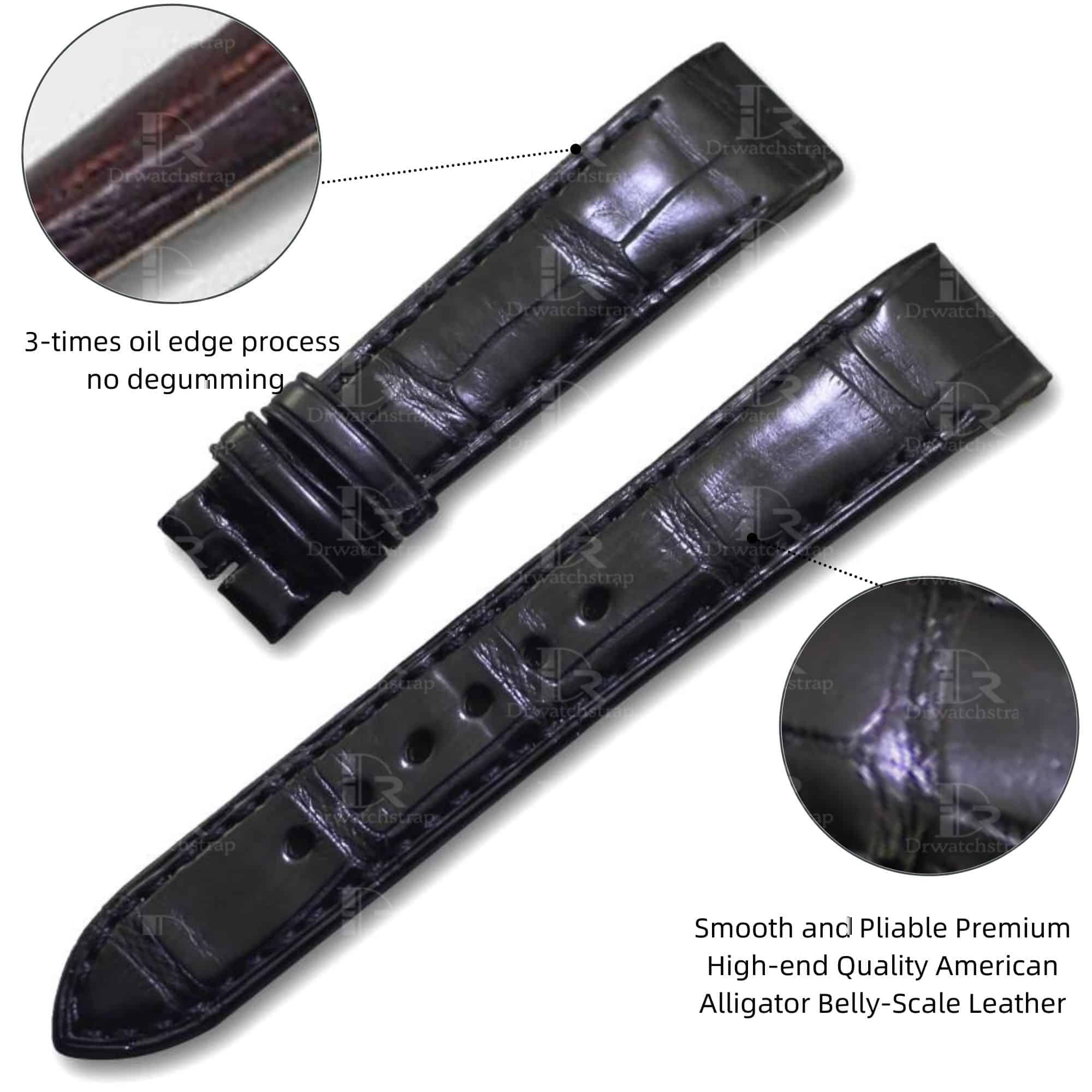 Custom strap fit for Jaeger-Lecoultre Roverso Q7038493 black crocodile leather replacement watch band - OEM