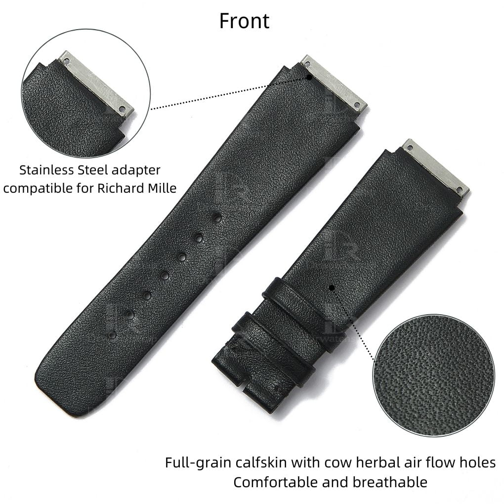 Custom best quality OEM black premium calfskin replacement Richard Mille leather watch band and watch strap for Richard Mille RM 005 007 010 011 016 030 035 055 067 and more luxury watches at a discount price - Shop the high-end cal leather straps online