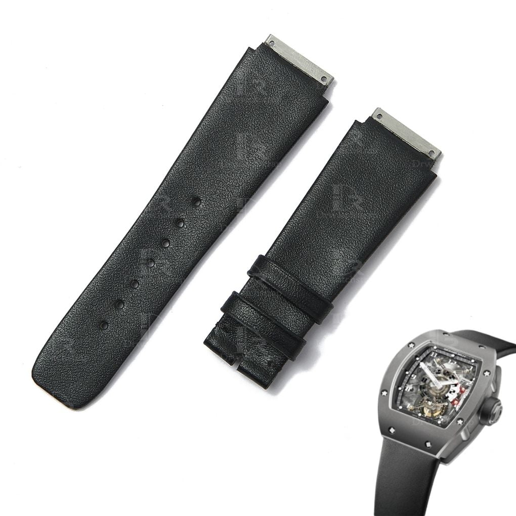 Custom best quality OEM black premium calfskin replacement Richard Mille leather watch band and watch strap for Richard Mille RM 005 007 010 011 016 030 035 055 067 and more luxury watches at a discount price - Shop the high-end cal leather straps online