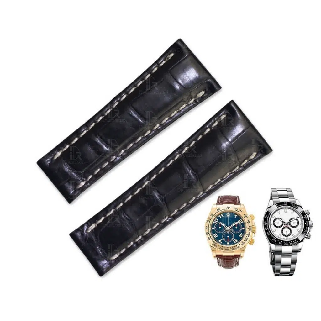 Genuine best quality custom handmade black with white stitching Grade A alligator crocodile leather watch strap and watch band replacement 20mm fit for rolex daytona luxury watches - Shop the high-end alligator straps online