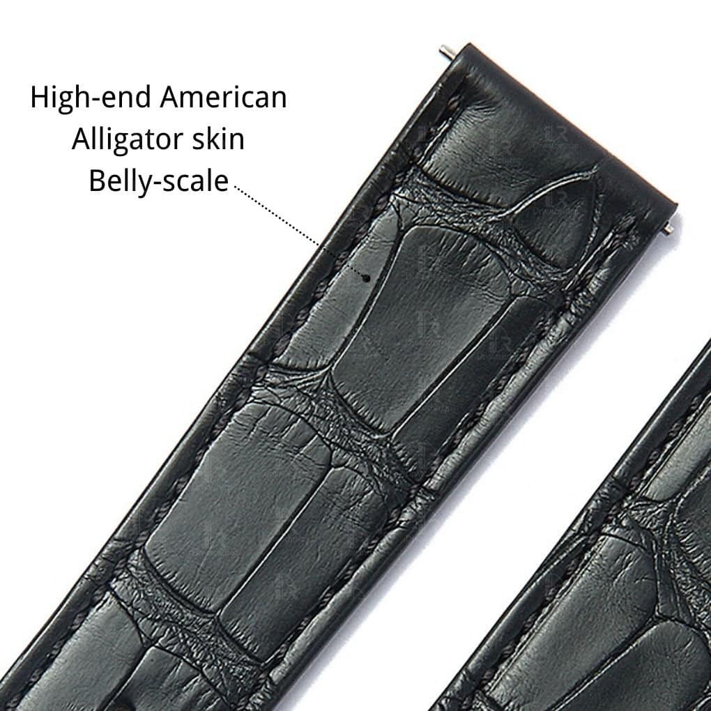 American Alligator skin - black leather watch band square scale
